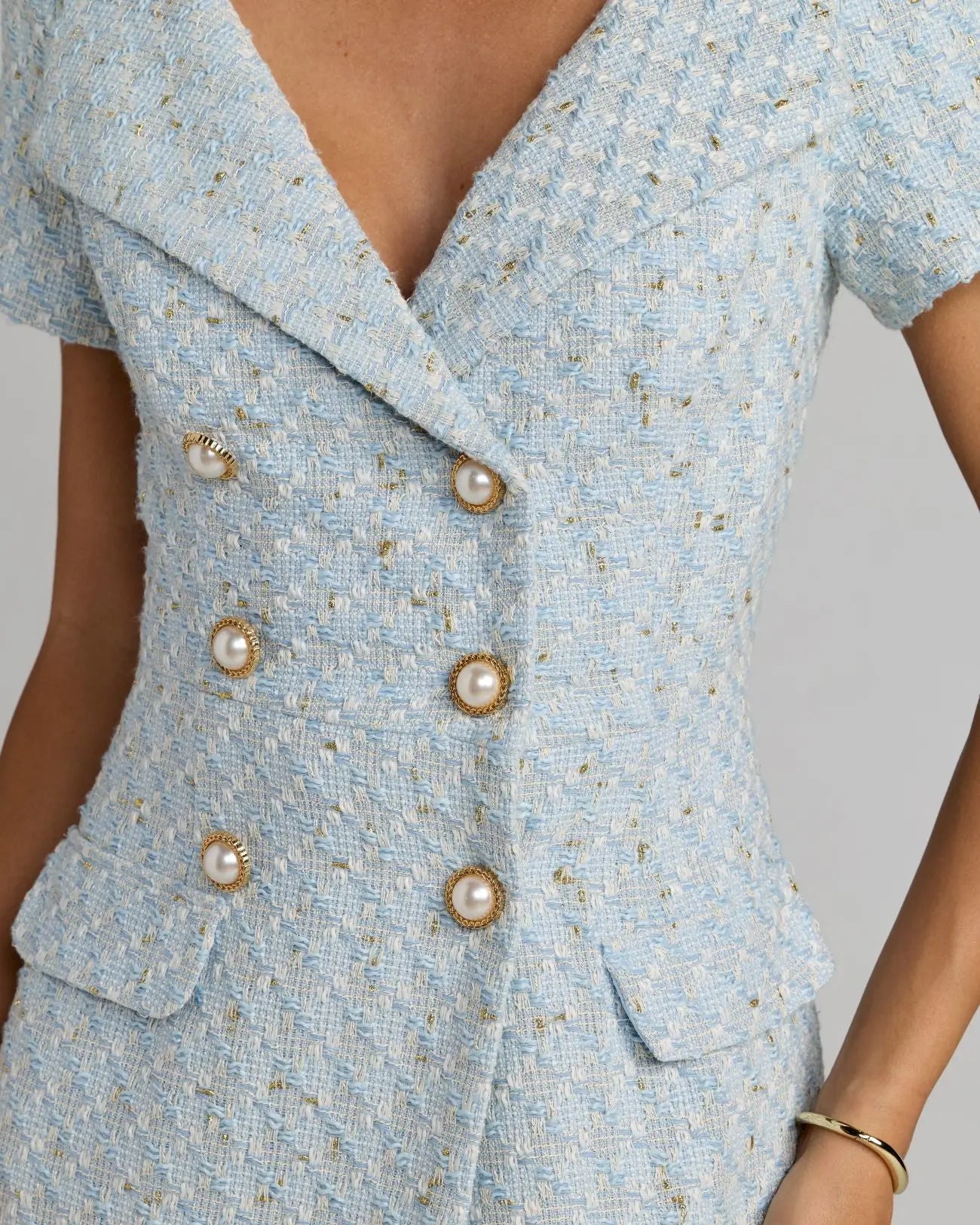 Blue Boucle Cap Sleeve Fitted Midi Dress-Myartka