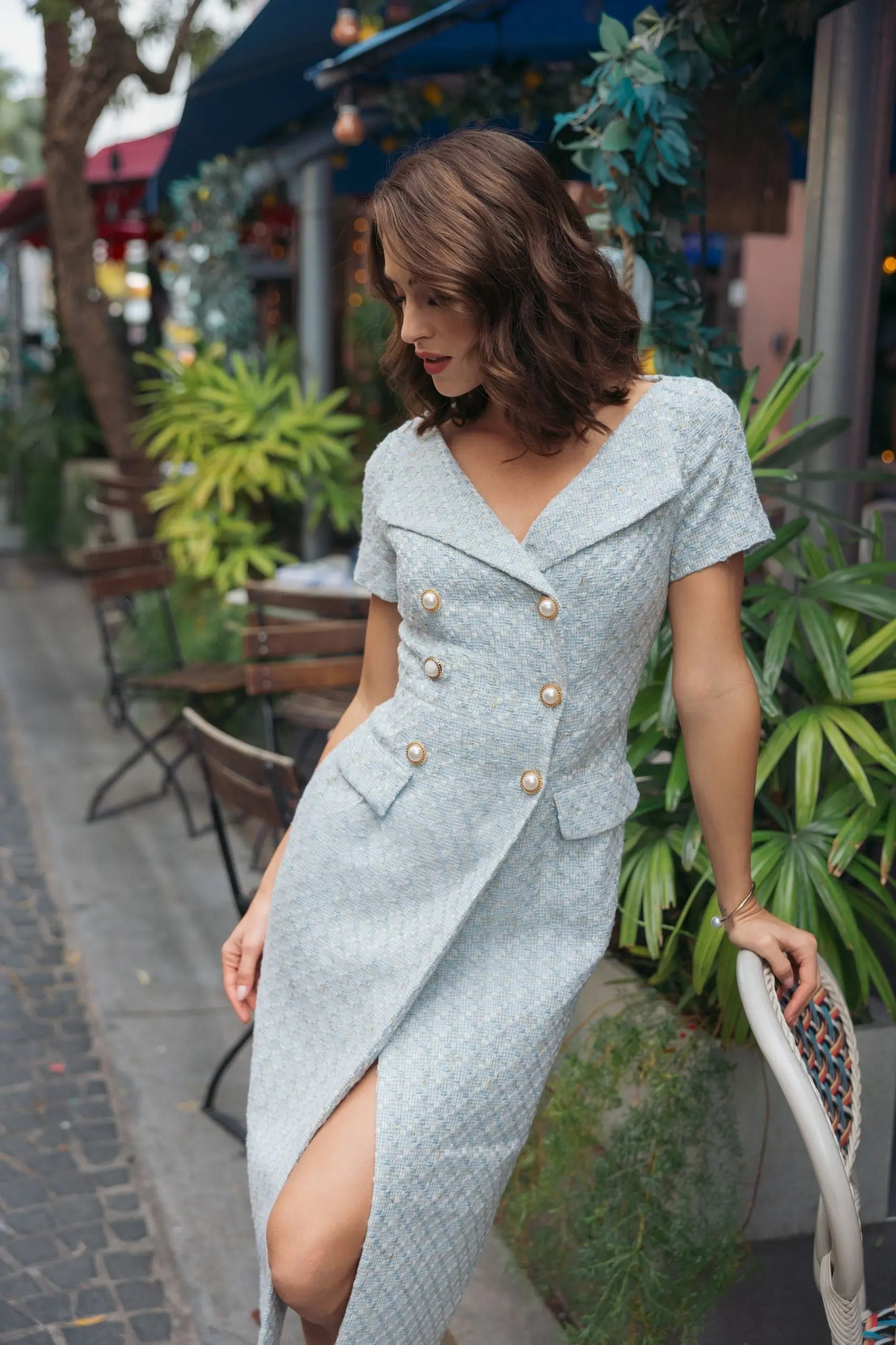 Blue Boucle Cap Sleeve Fitted Midi Dress-Myartka