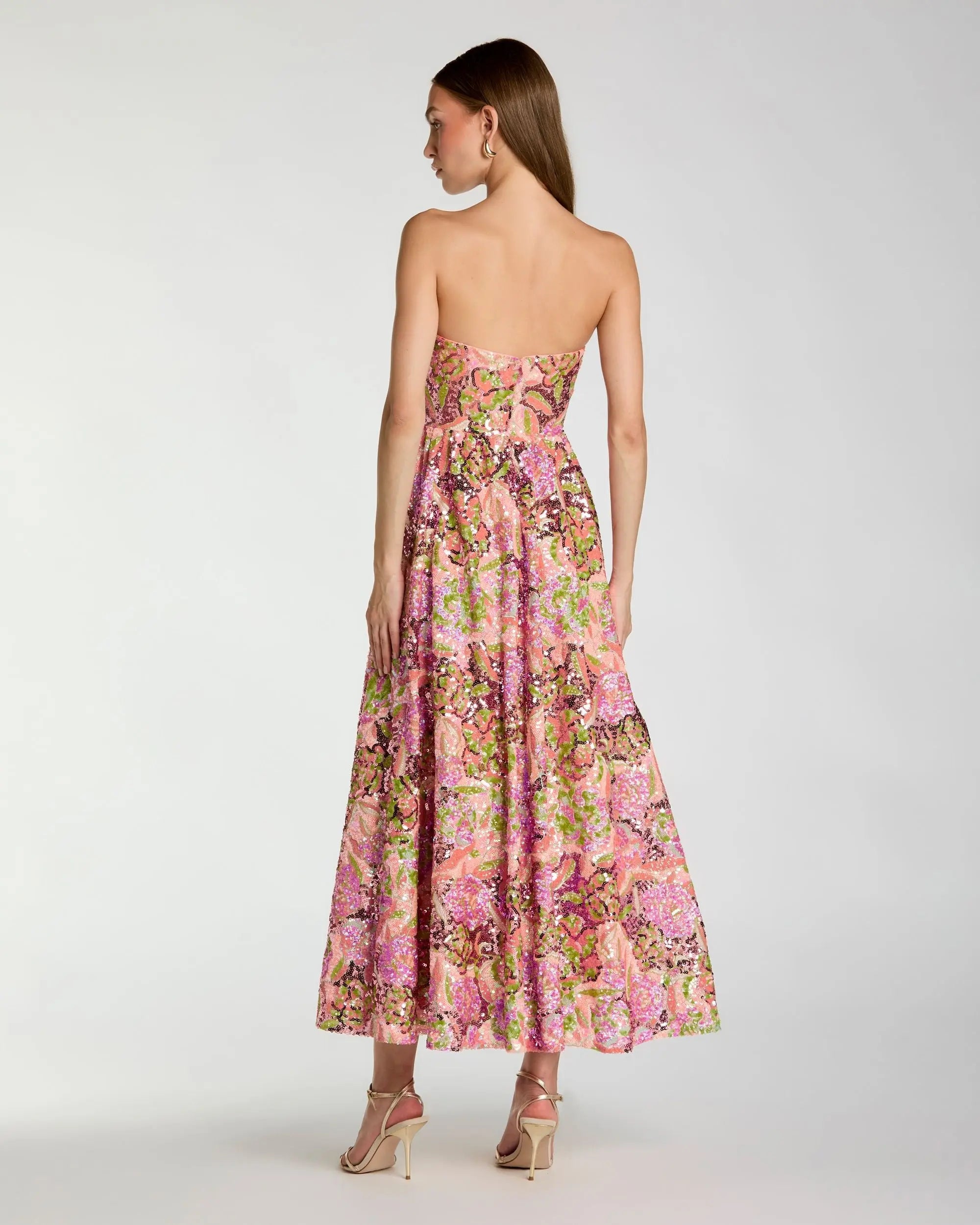 Multicolor Strapless Sequin Floral Midi Dress-Myartka
