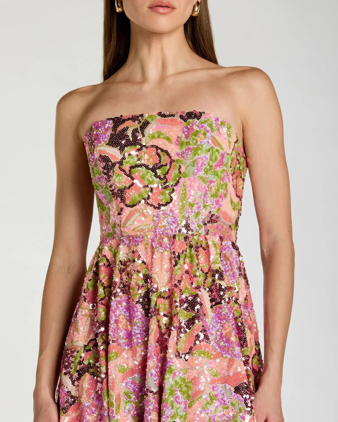 Multicolor Strapless Sequin Floral Midi Dress-Myartka