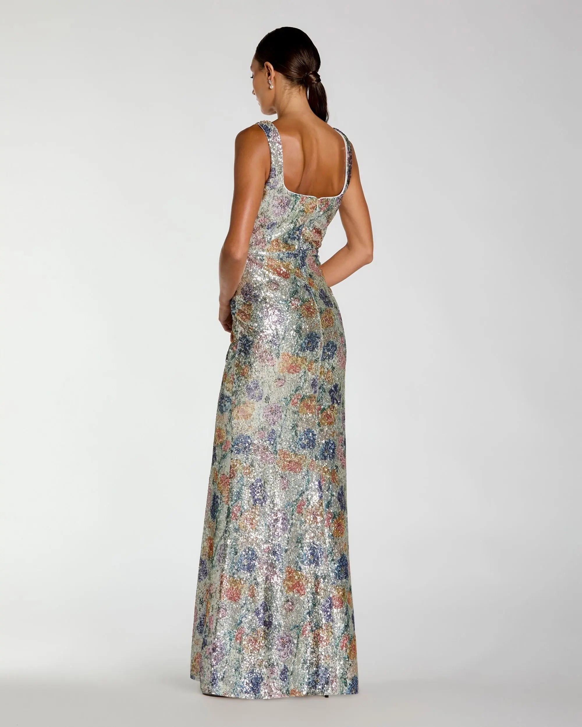 Silver Floral Sequin Sleeveless Square Neck Fitted Gown-Myartka