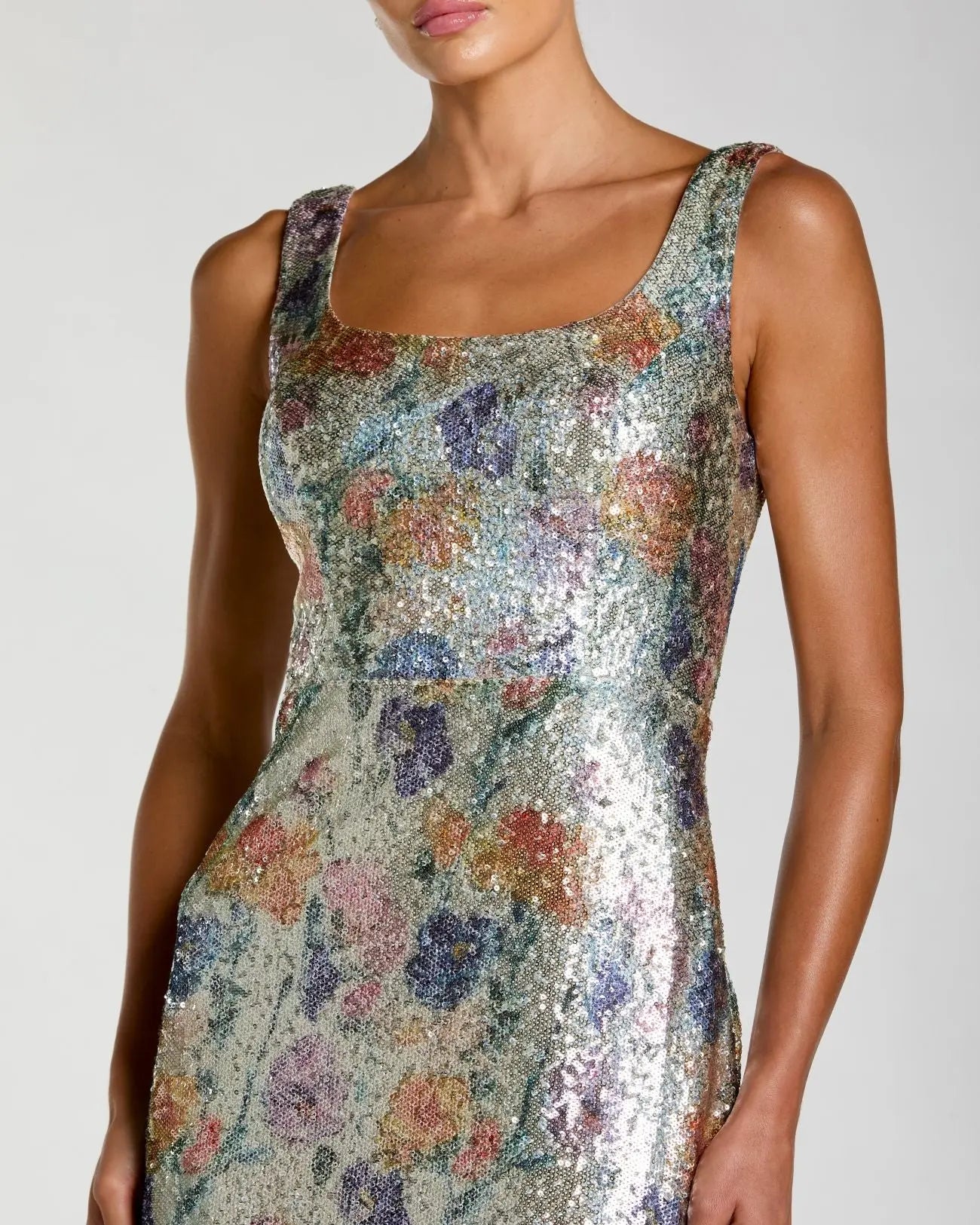 Silver Floral Sequin Sleeveless Square Neck Fitted Gown-Myartka