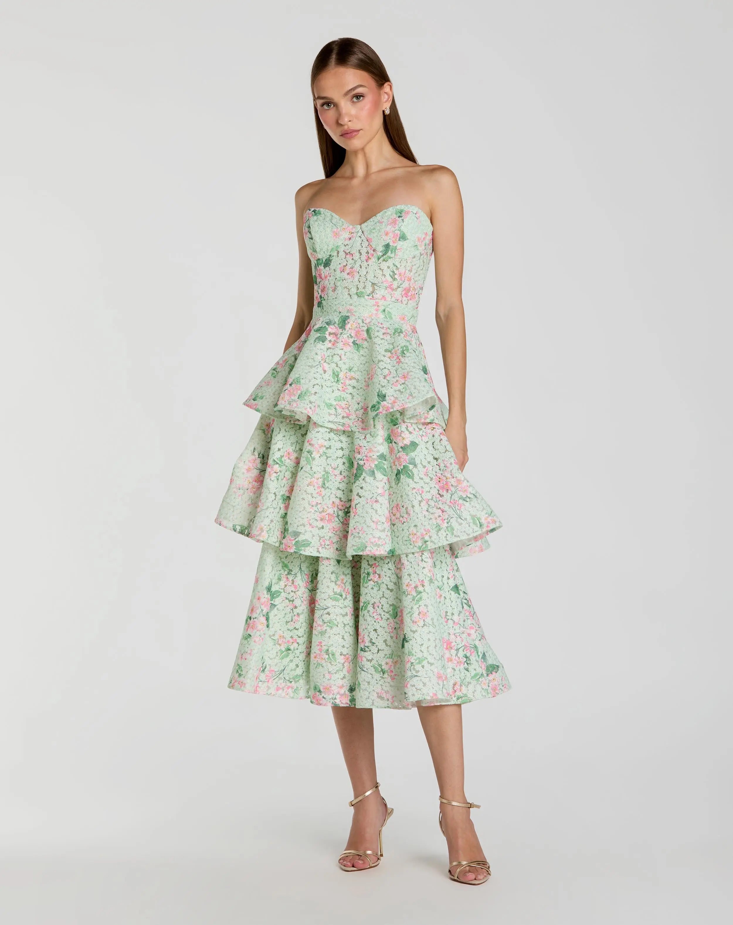 Green Floral Tiered Strapless Midi Dress-Myartka