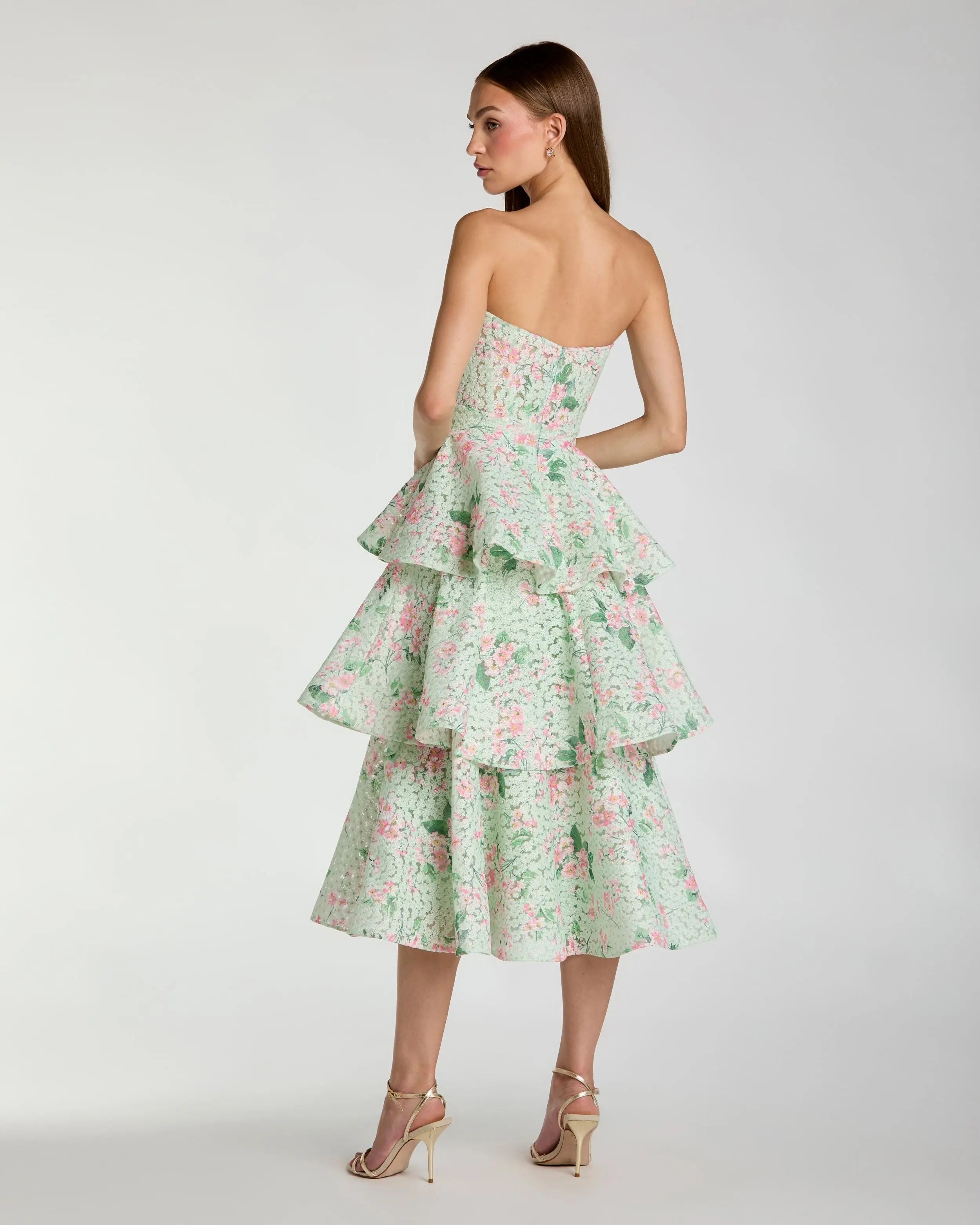 Green Floral Tiered Strapless Midi Dress-Myartka
