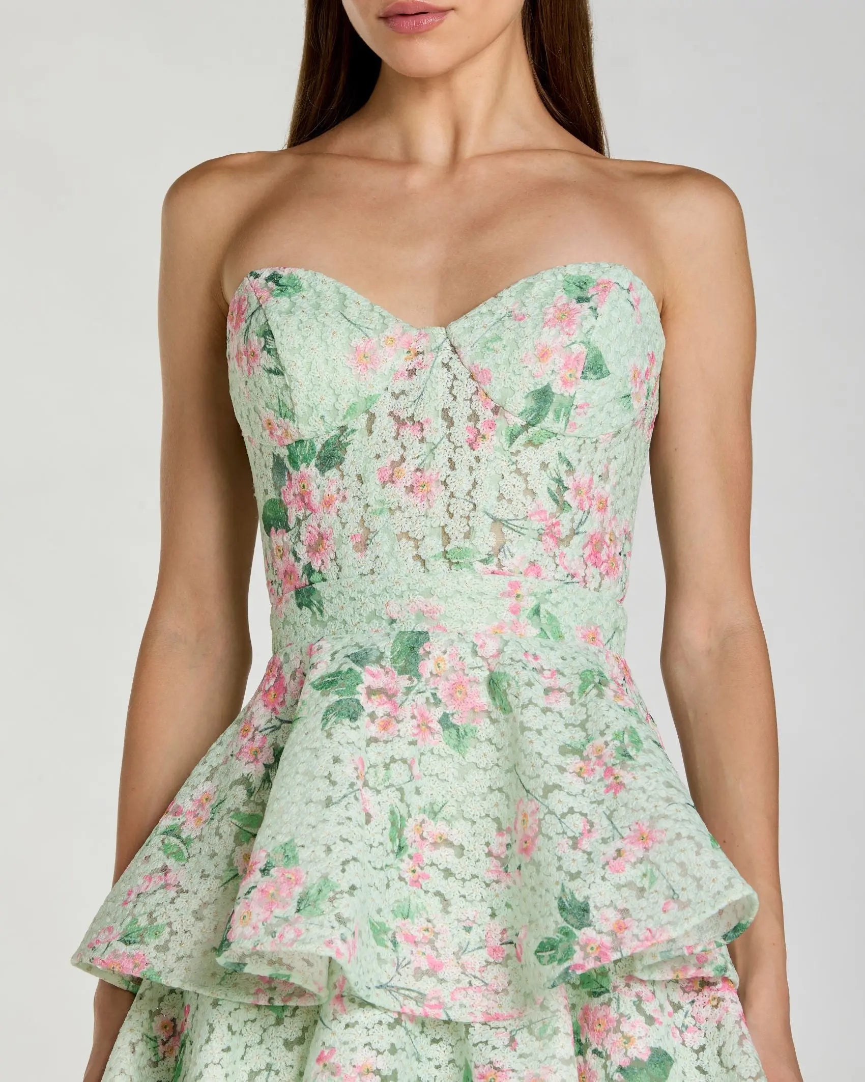 Green Floral Tiered Strapless Midi Dress-Myartka