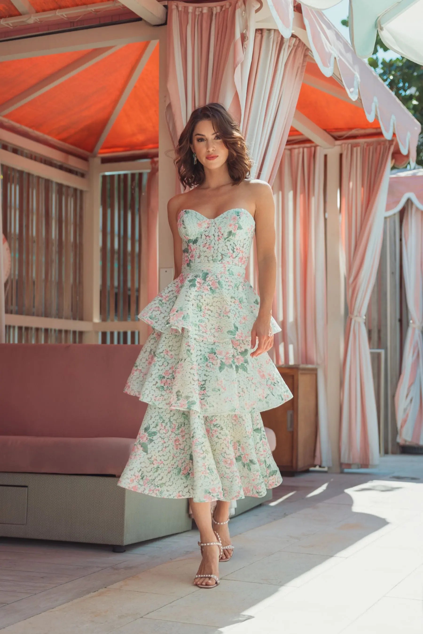 Green Floral Tiered Strapless Midi Dress-Myartka