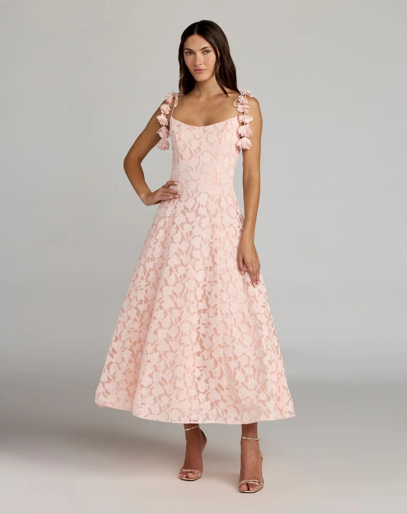 Pink Scoop Neck Floral A-Line Midi Dress-Myartka