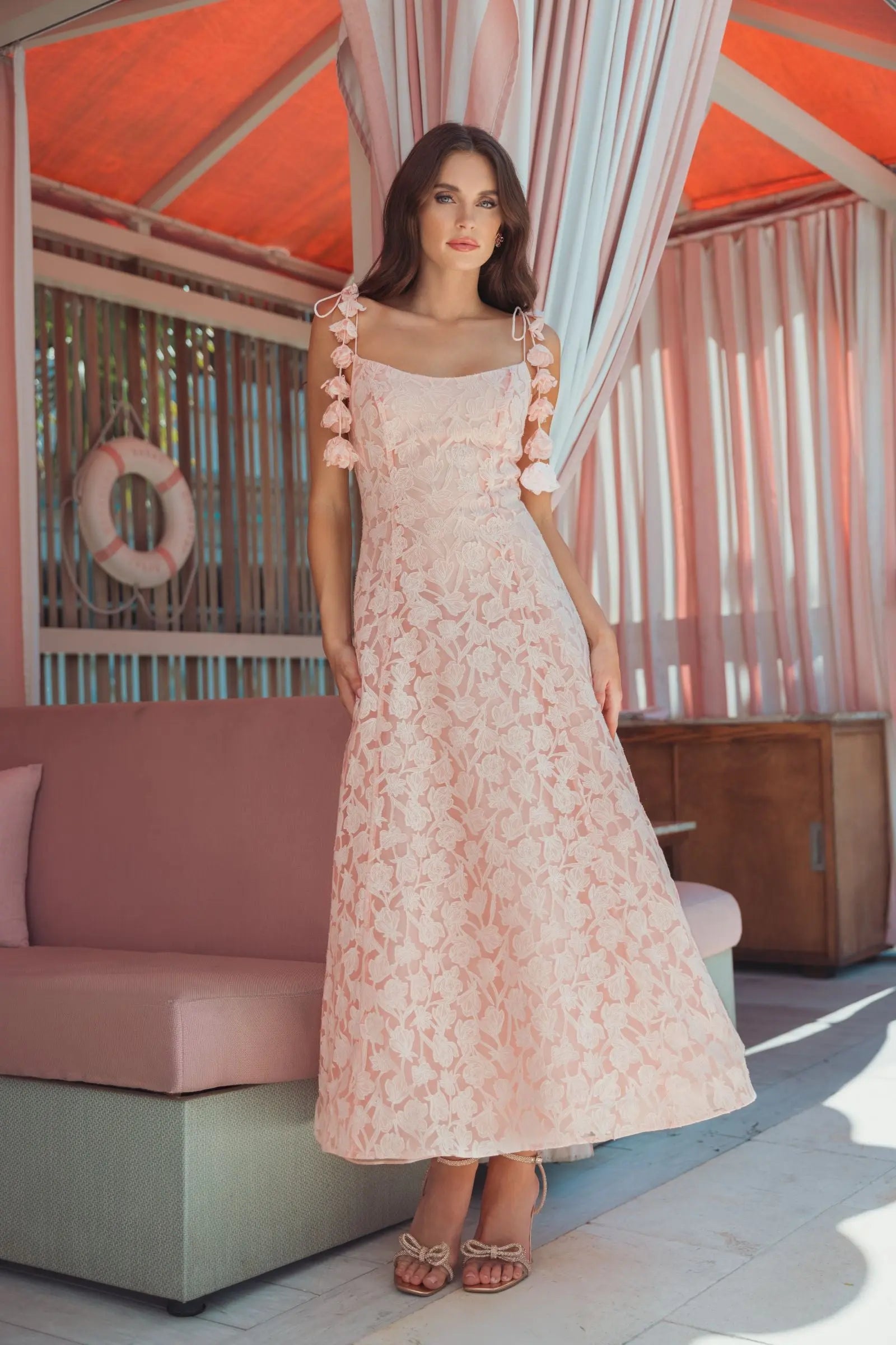 Pink Scoop Neck Floral A-Line Midi Dress-Myartka