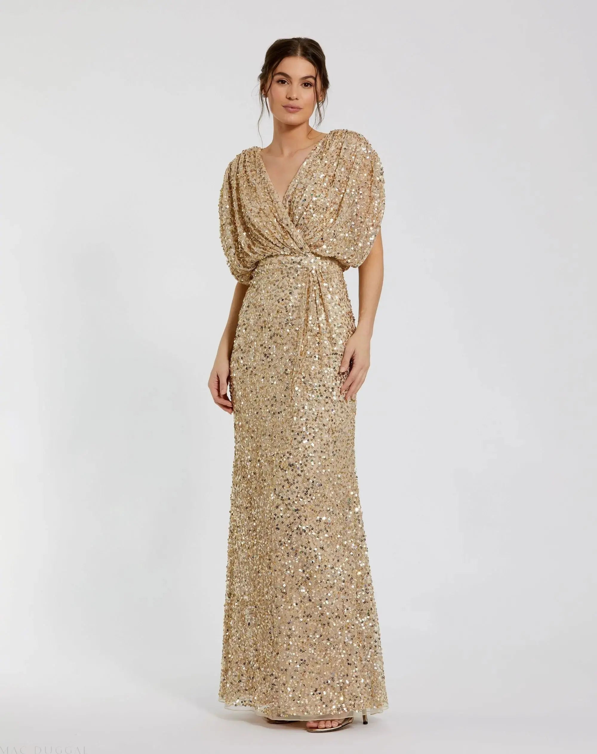 Gold Draped Sleeve V Neck Gown-Myartka