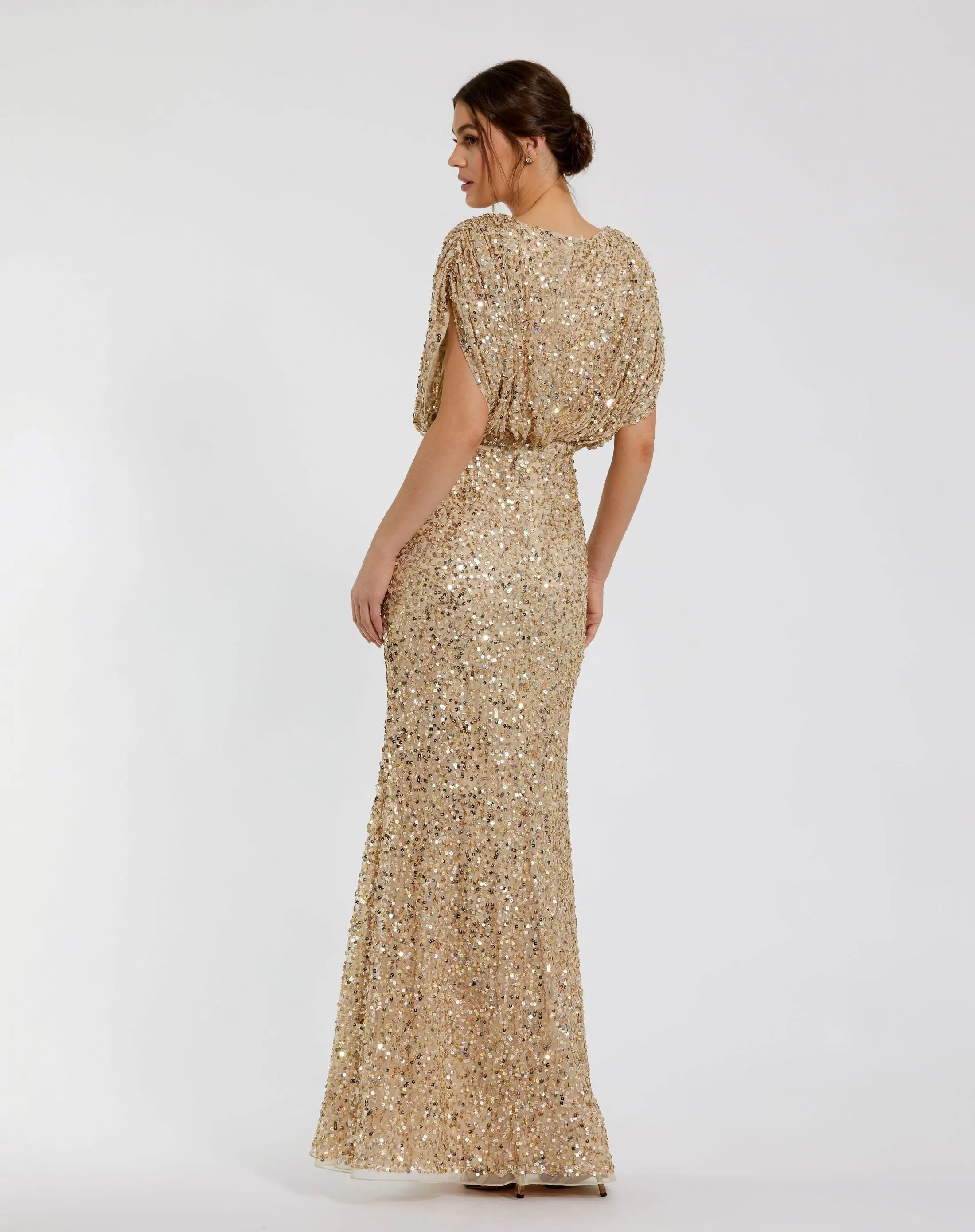 Gold Draped Sleeve V Neck Gown-Myartka