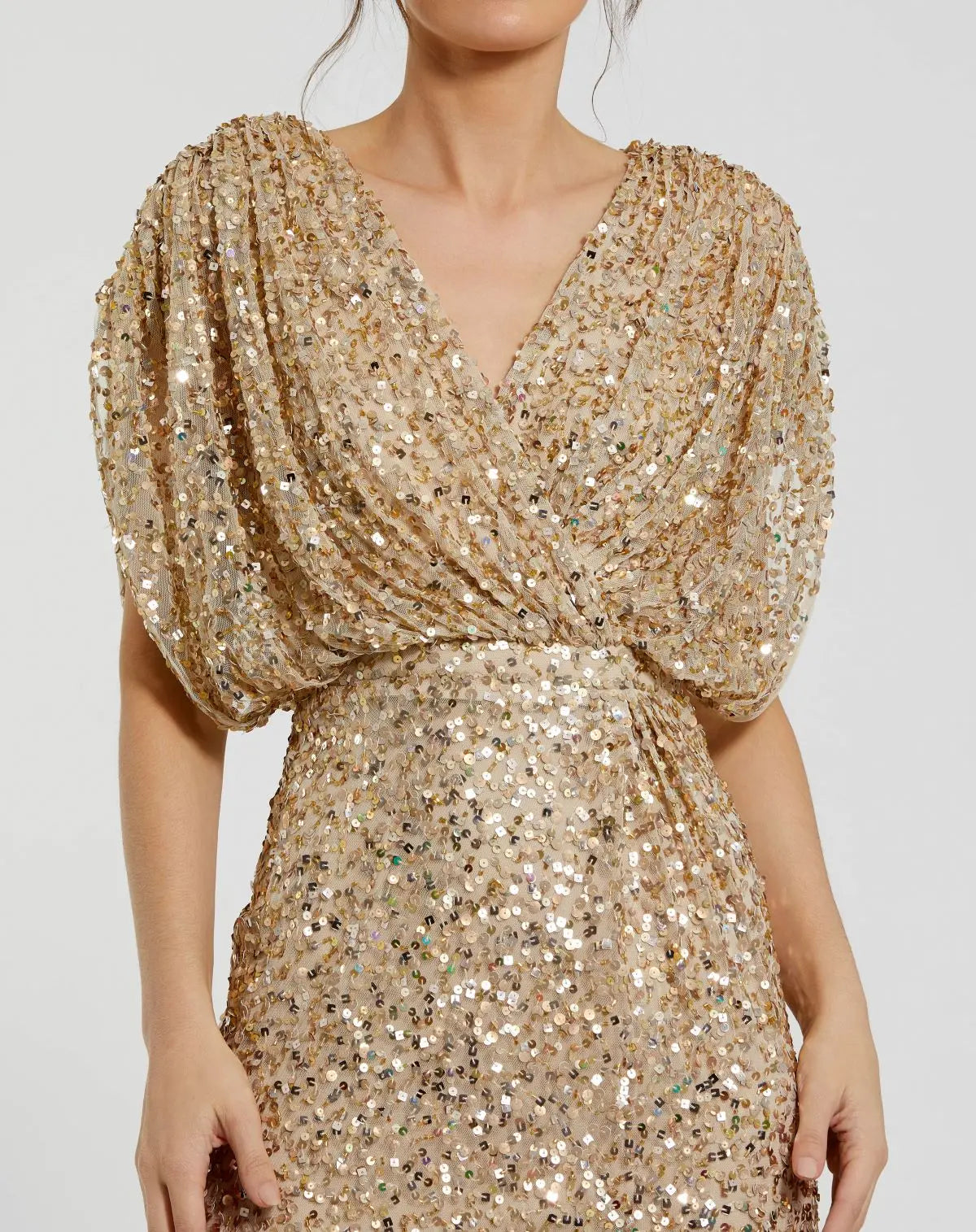 Gold Draped Sleeve V Neck Gown-Myartka