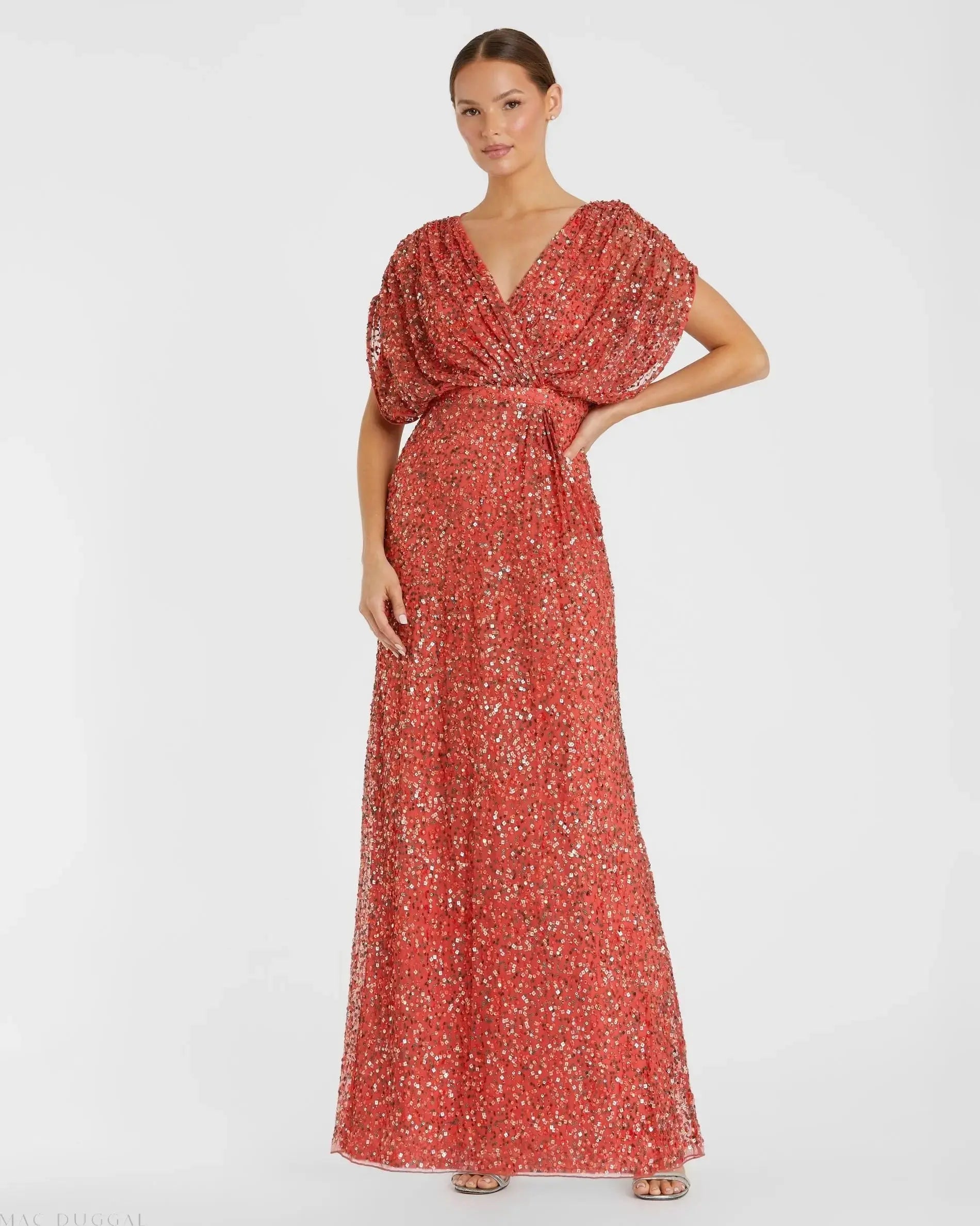 Red Draped Sleeve V Neck Gown-Myartka
