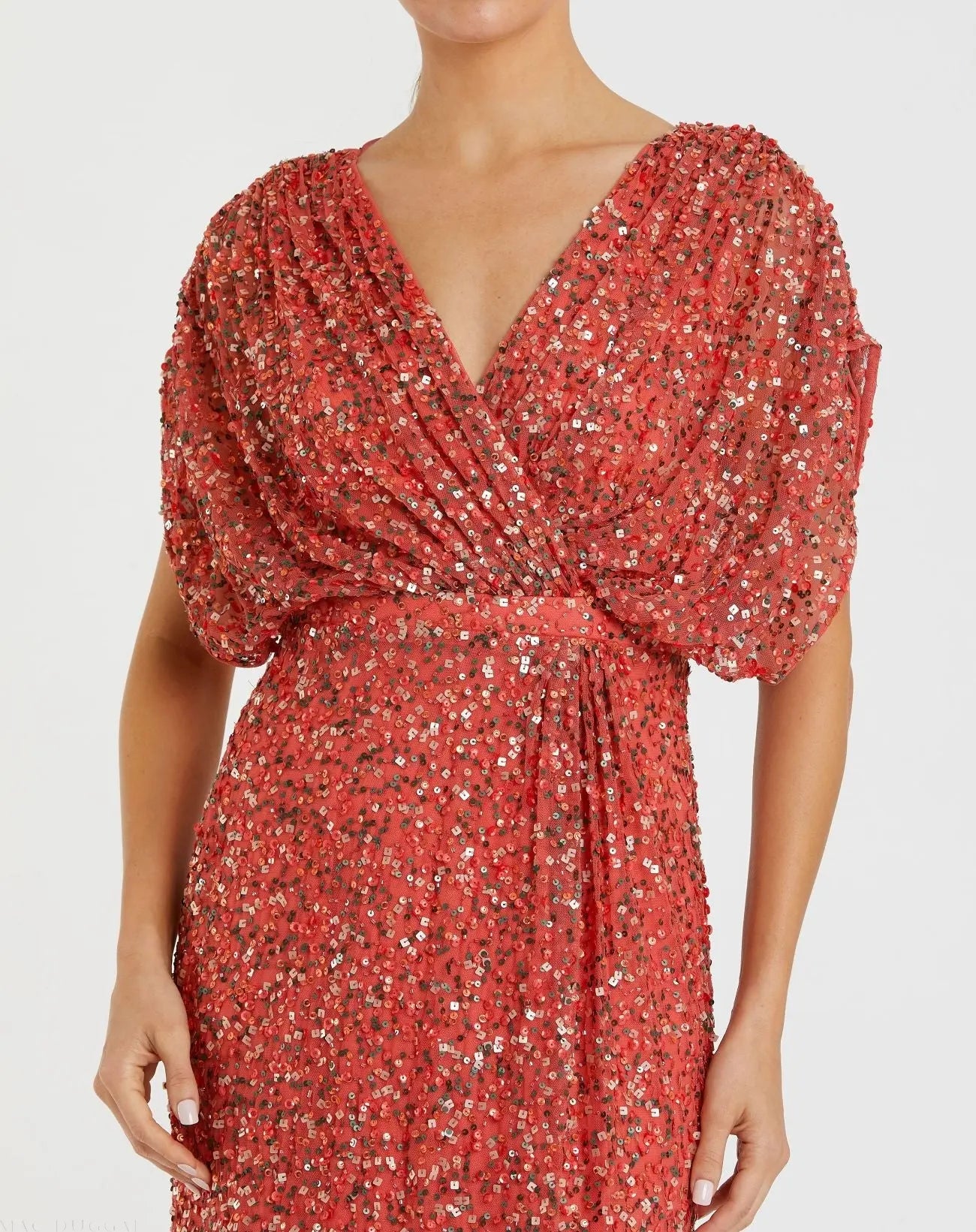 Red Draped Sleeve V Neck Gown-Myartka