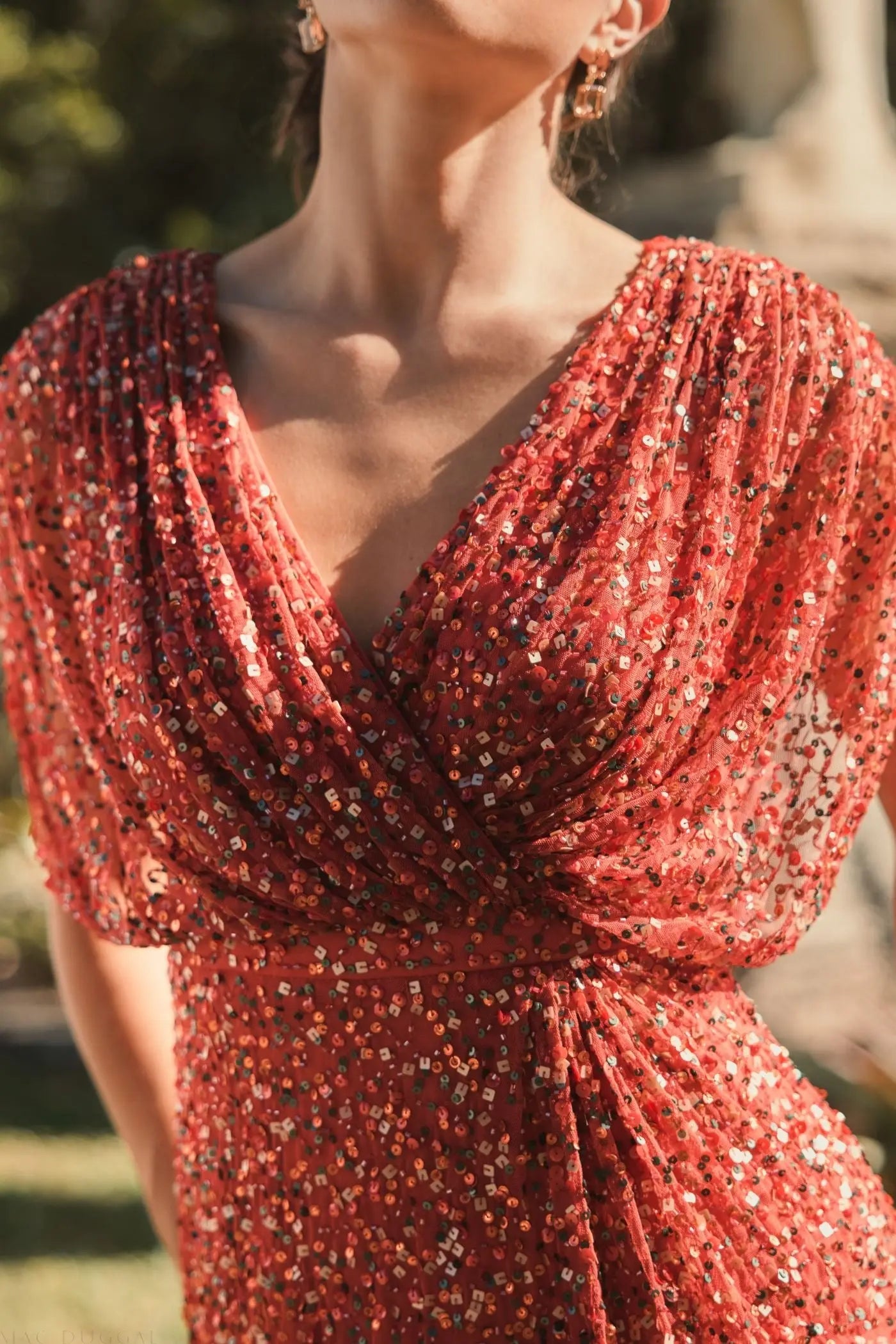 Red Draped Sleeve V Neck Gown-Myartka