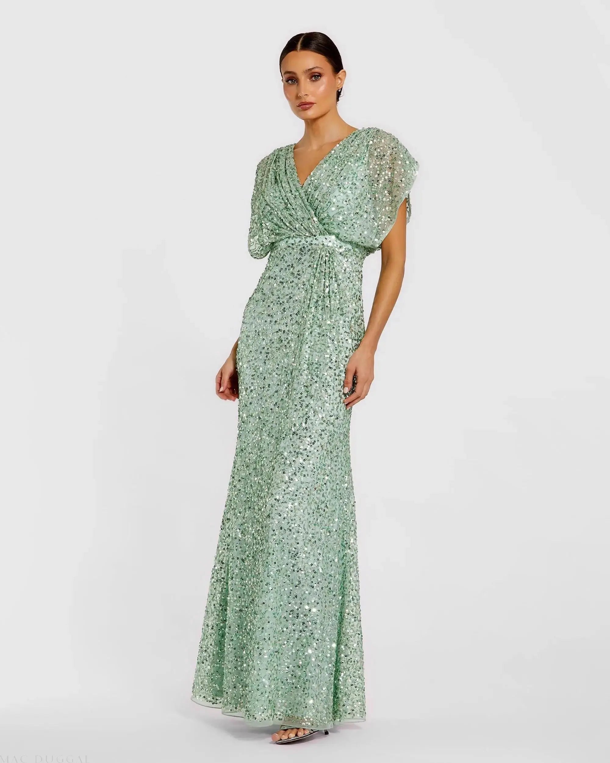Green Draped Sleeve V Neck Gown-Myartka