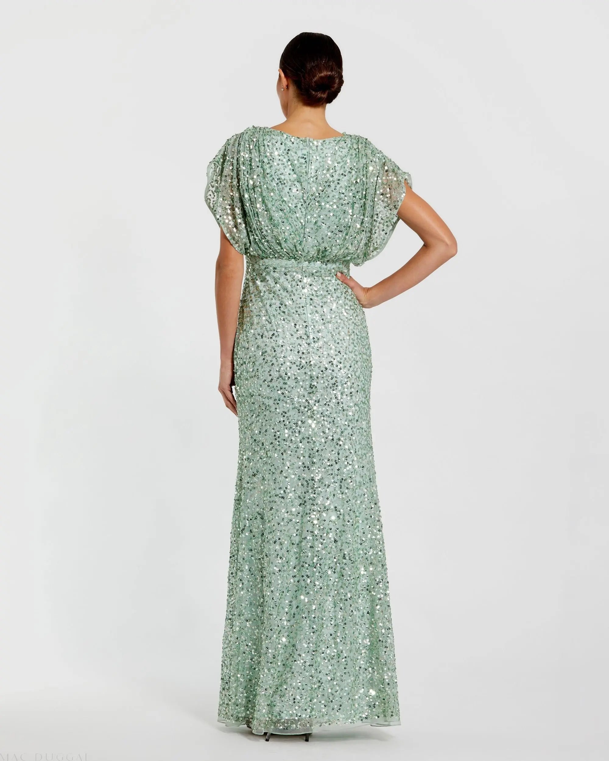 Green Draped Sleeve V Neck Gown-Myartka