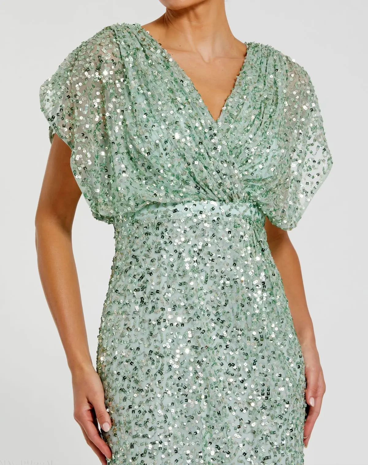 Green Draped Sleeve V Neck Gown-Myartka