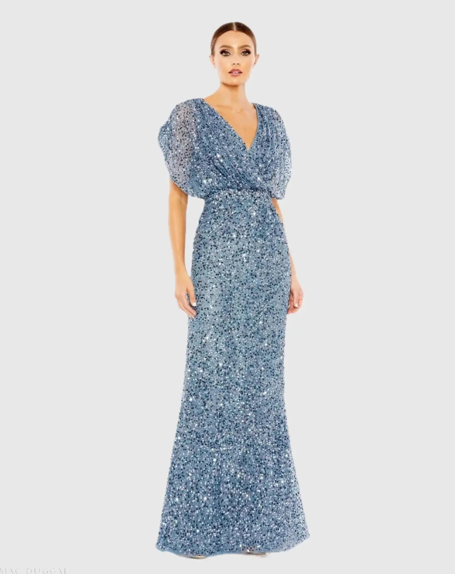 Blue Draped Sleeve V Neck Gown-Myartka