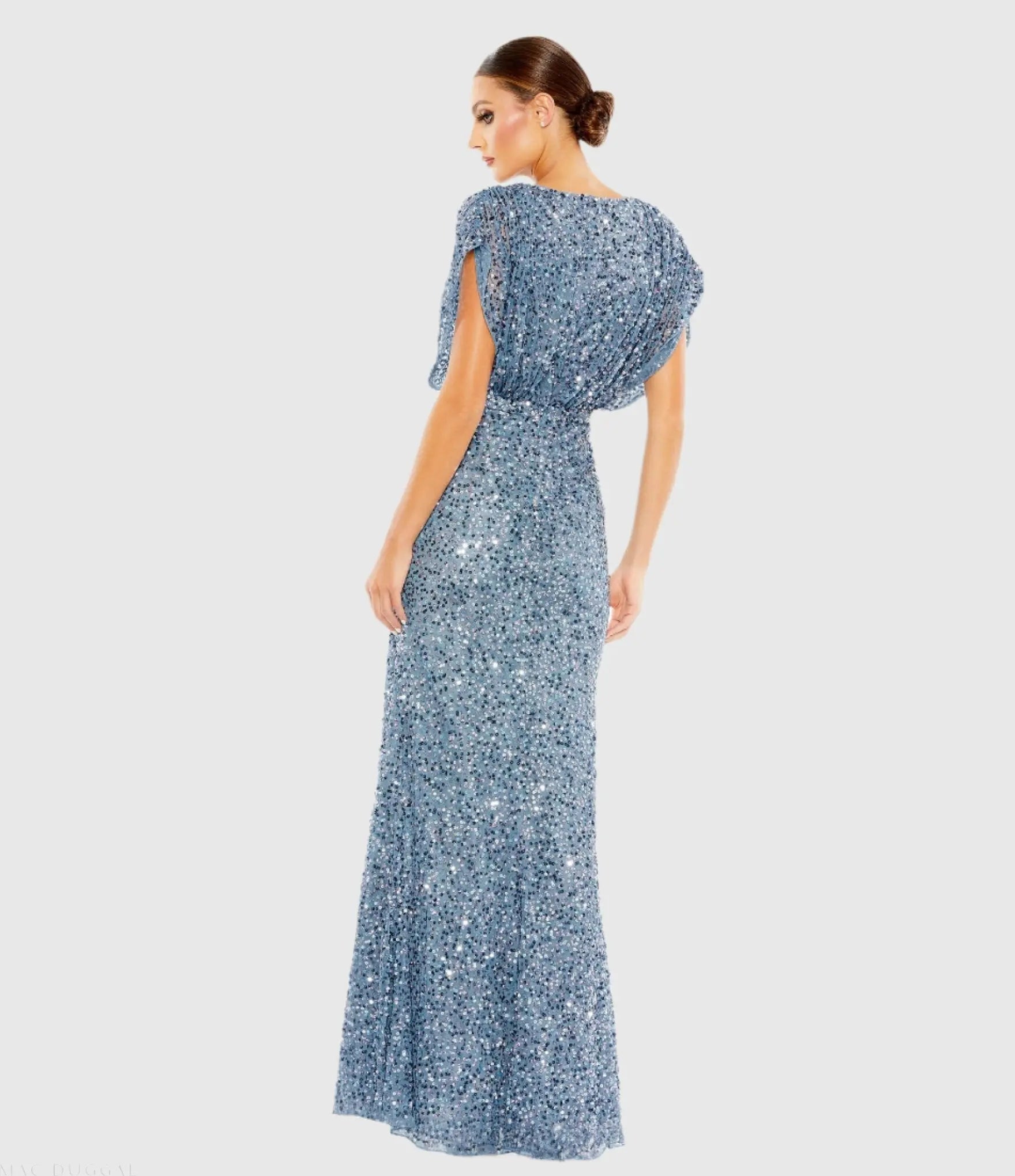 Blue Draped Sleeve V Neck Gown-Myartka