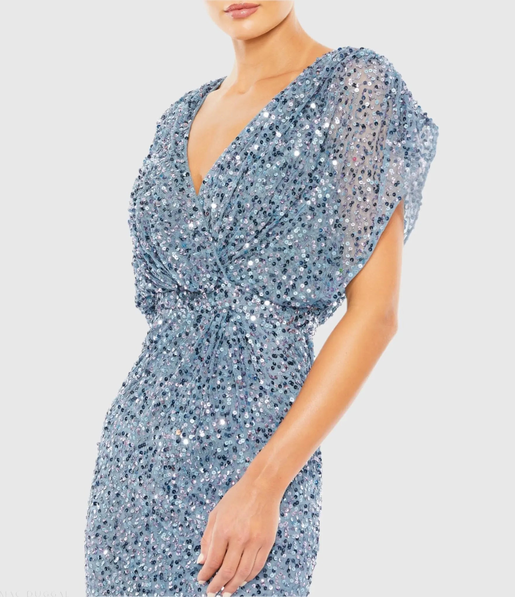 Blue Draped Sleeve V Neck Gown-Myartka