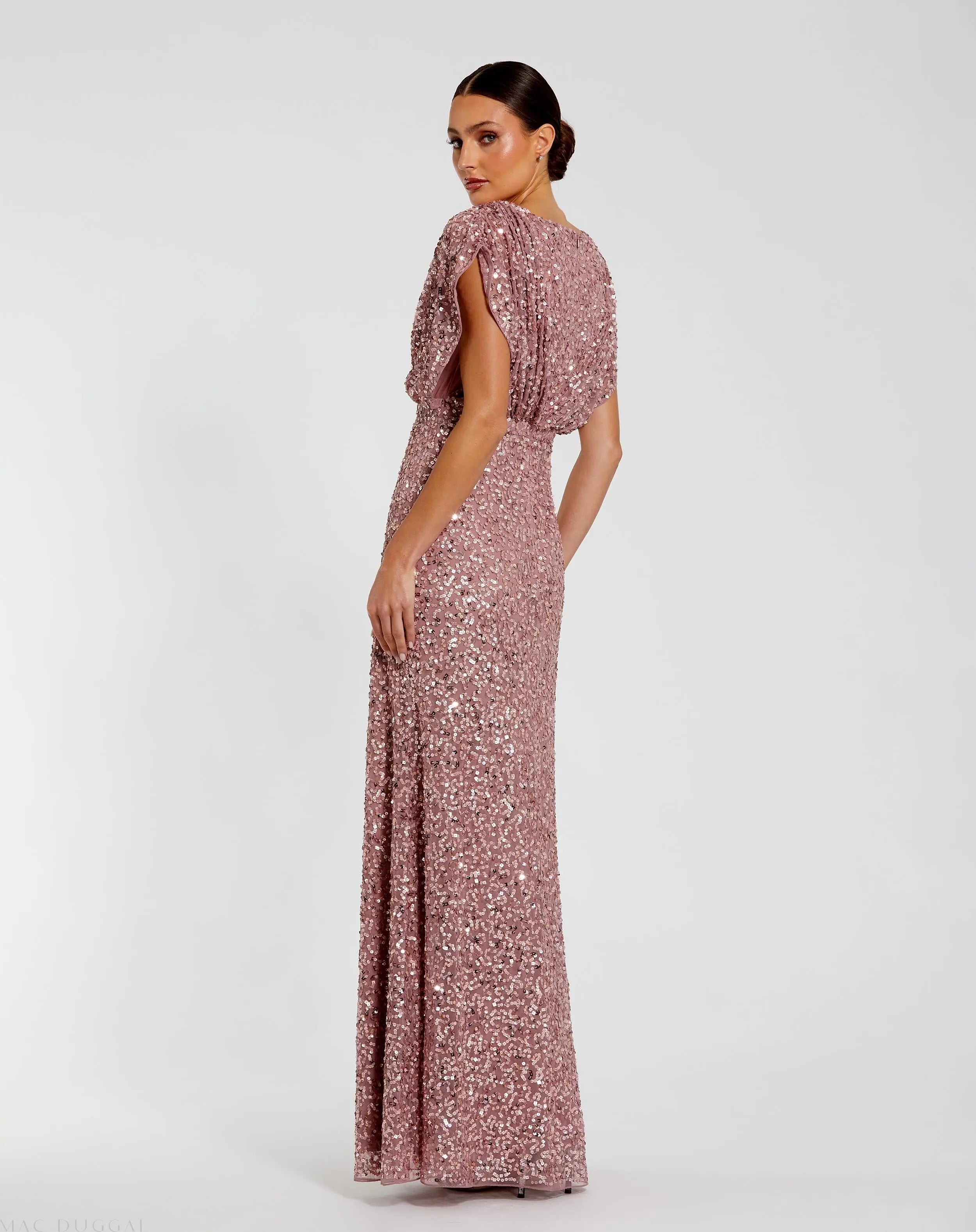 Purple Draped Sleeve V Neck Gown-Myartka
