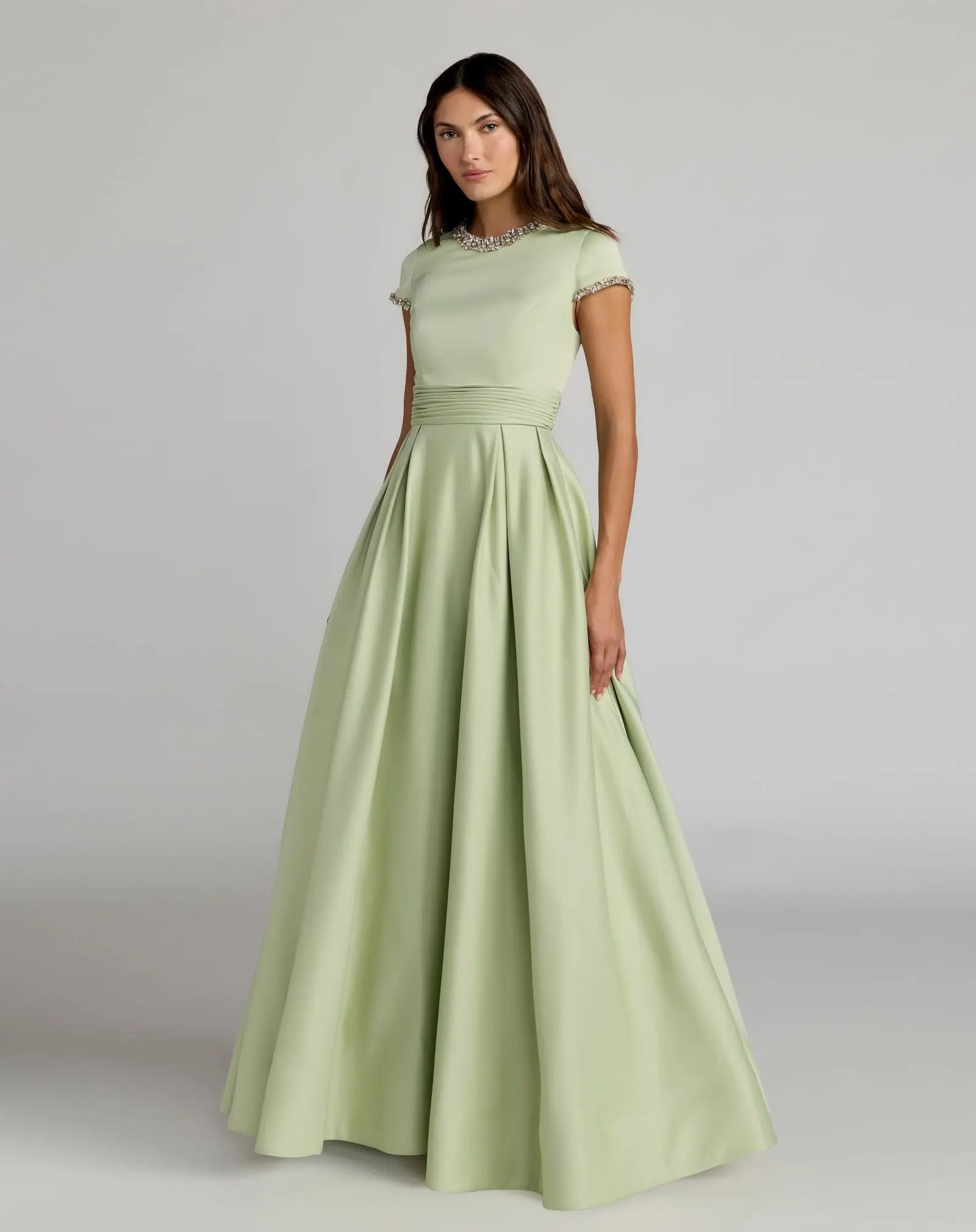 Embellished Satin Cap Sleeve Ball Gown-Myartka