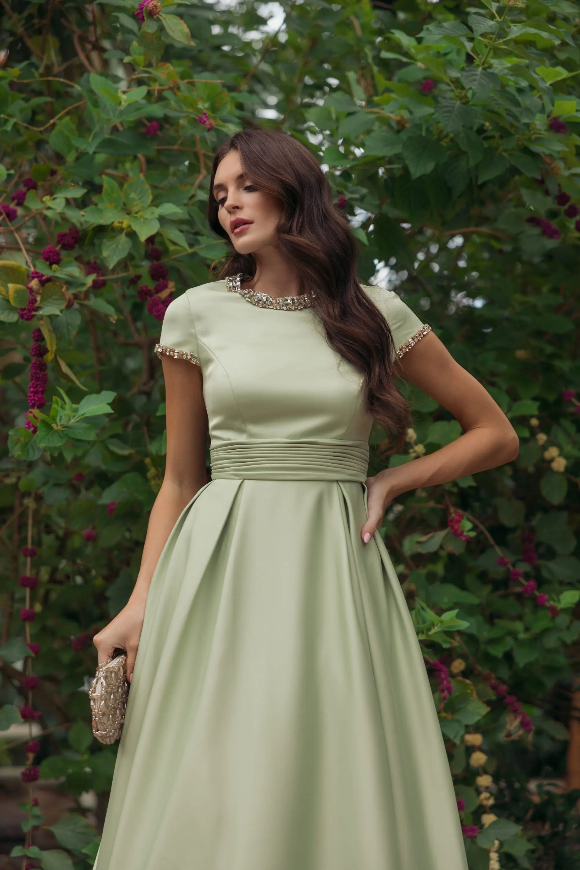 Green Embellished Satin Cap Sleeve Ball Gown-Myartka