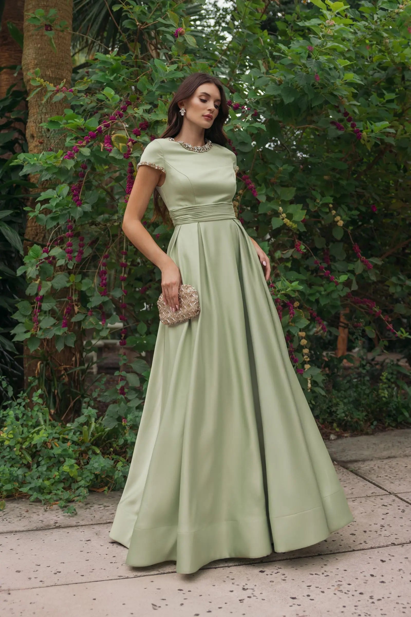 Green Embellished Satin Cap Sleeve Ball Gown-Myartka