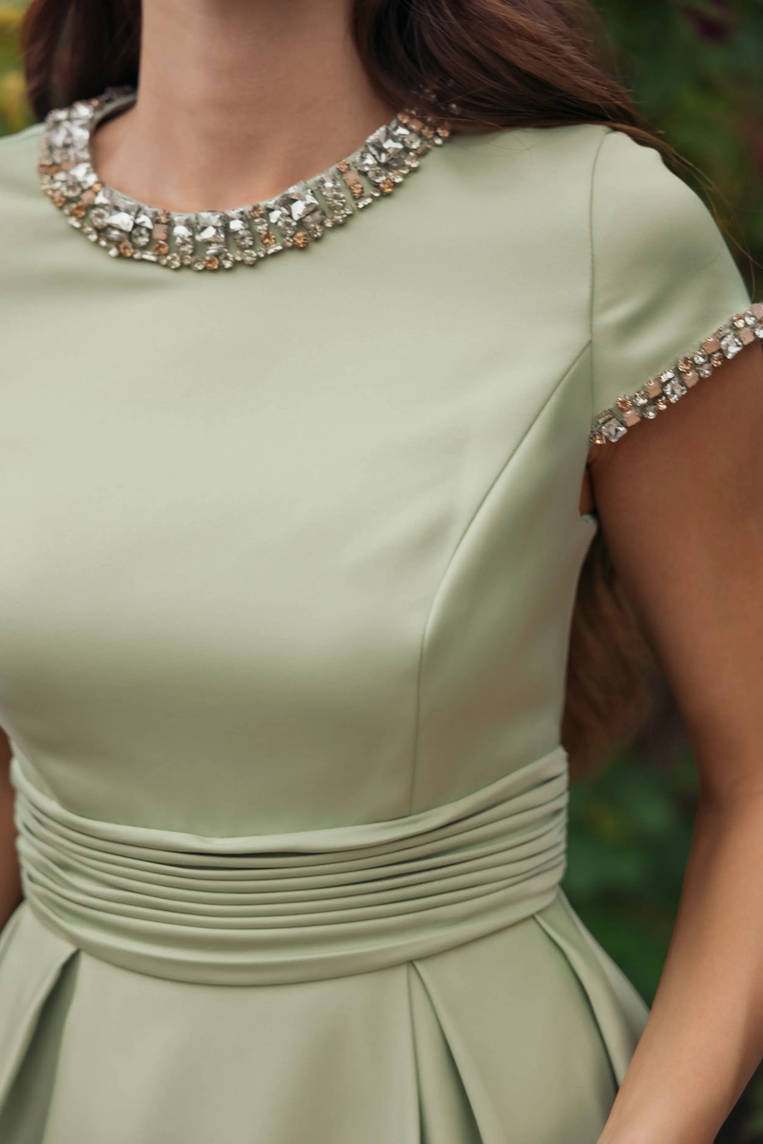 Green Embellished Satin Cap Sleeve Ball Gown-Myartka