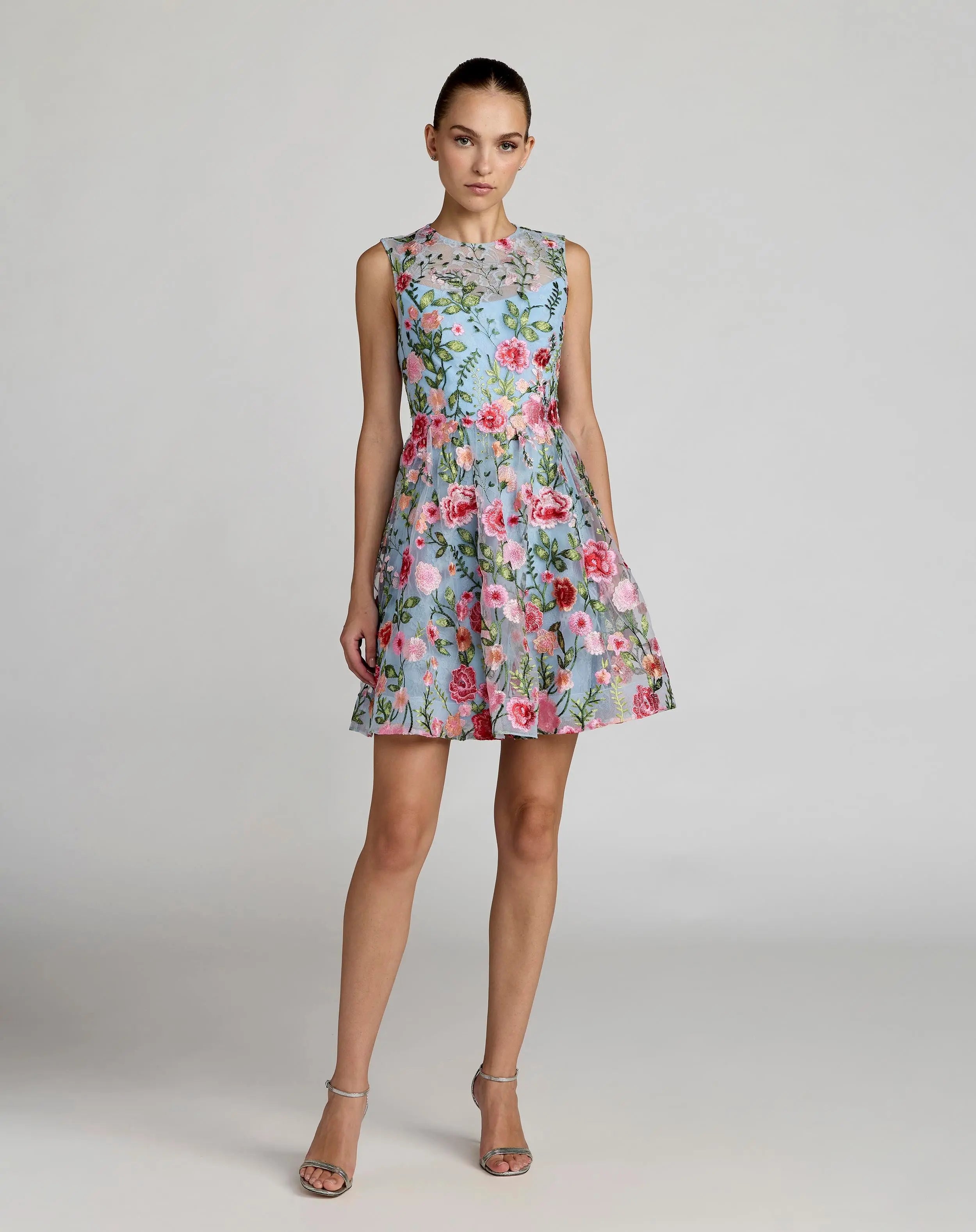 Blue Floral Embroidered Sleeveless A-Line Mini Dress-Myartka