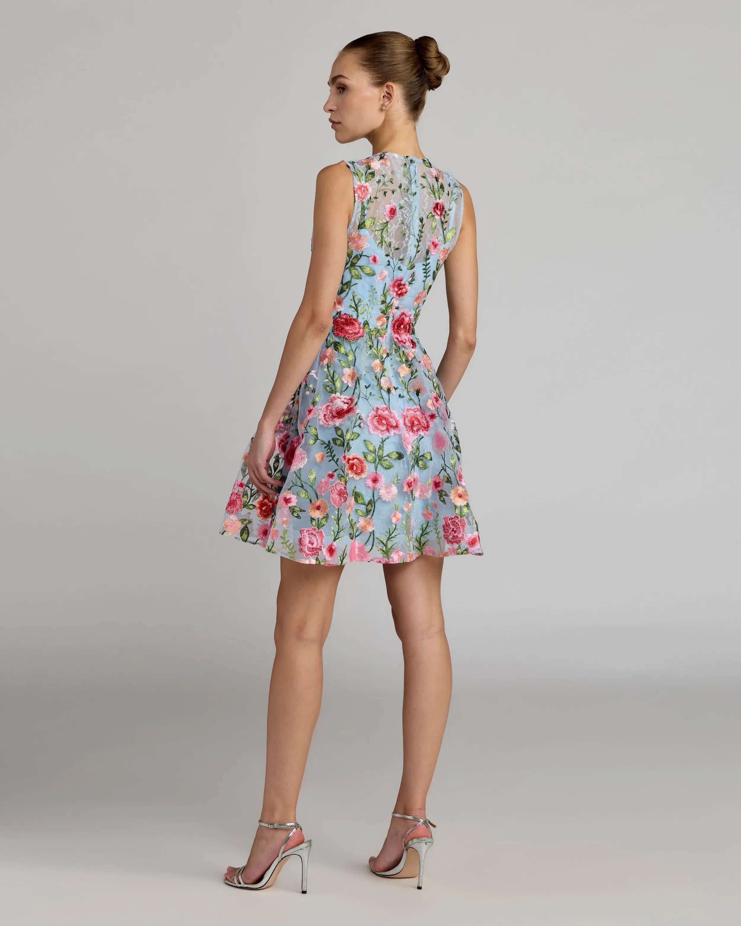 Blue Floral Embroidered Sleeveless A-Line Mini Dress-Myartka