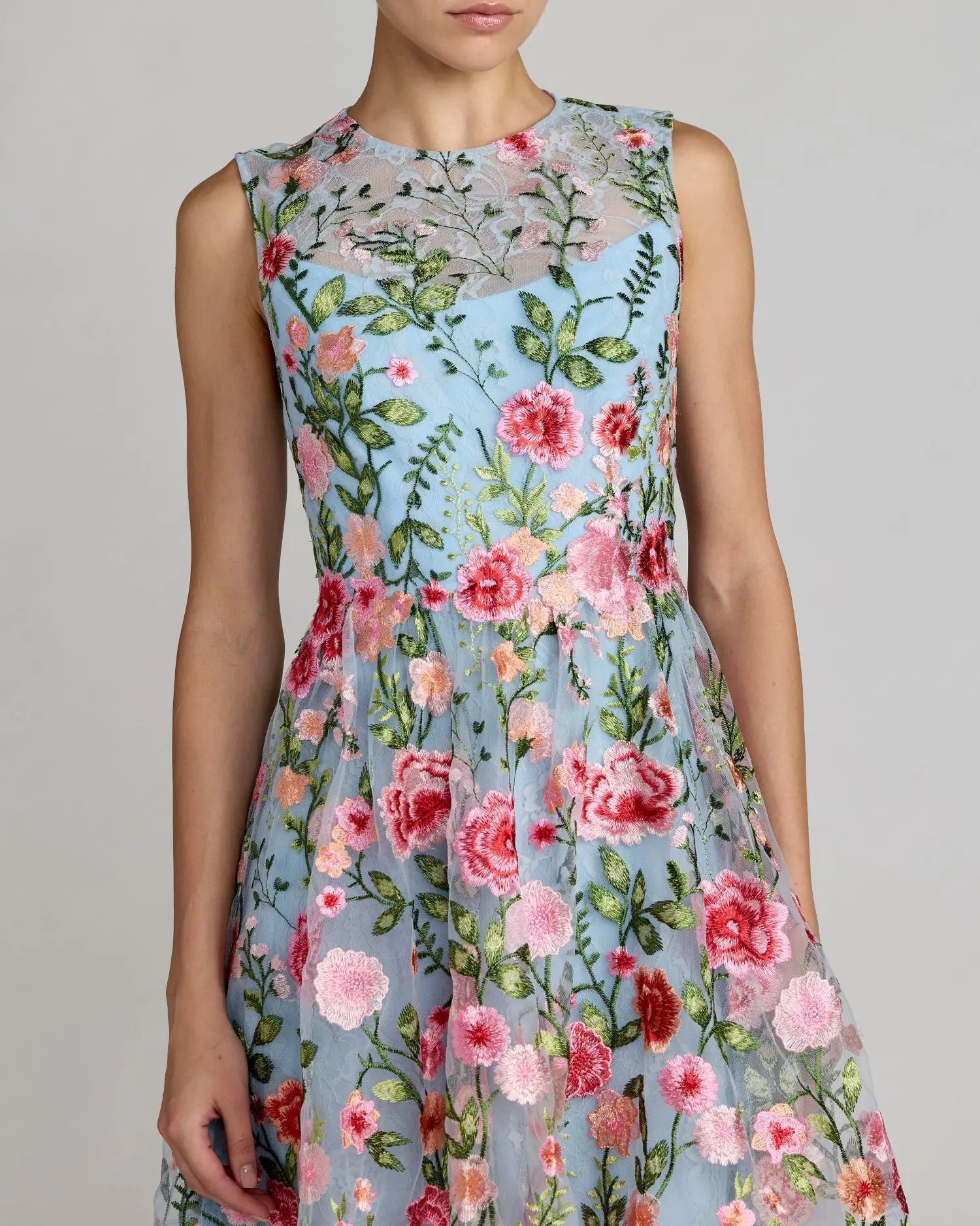 Blue Floral Embroidered Sleeveless A-Line Mini Dress-Myartka