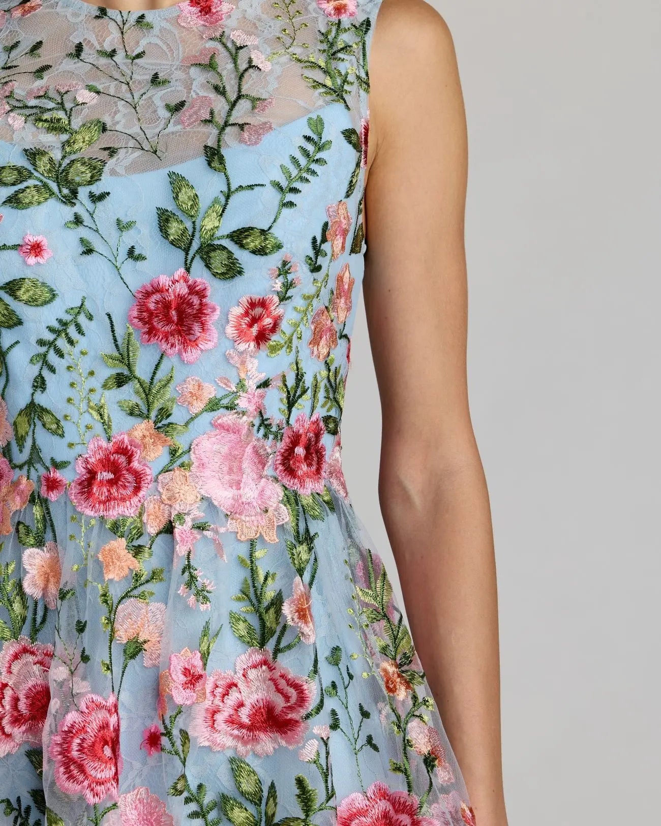 Blue Floral Embroidered Sleeveless A-Line Mini Dress-Myartka