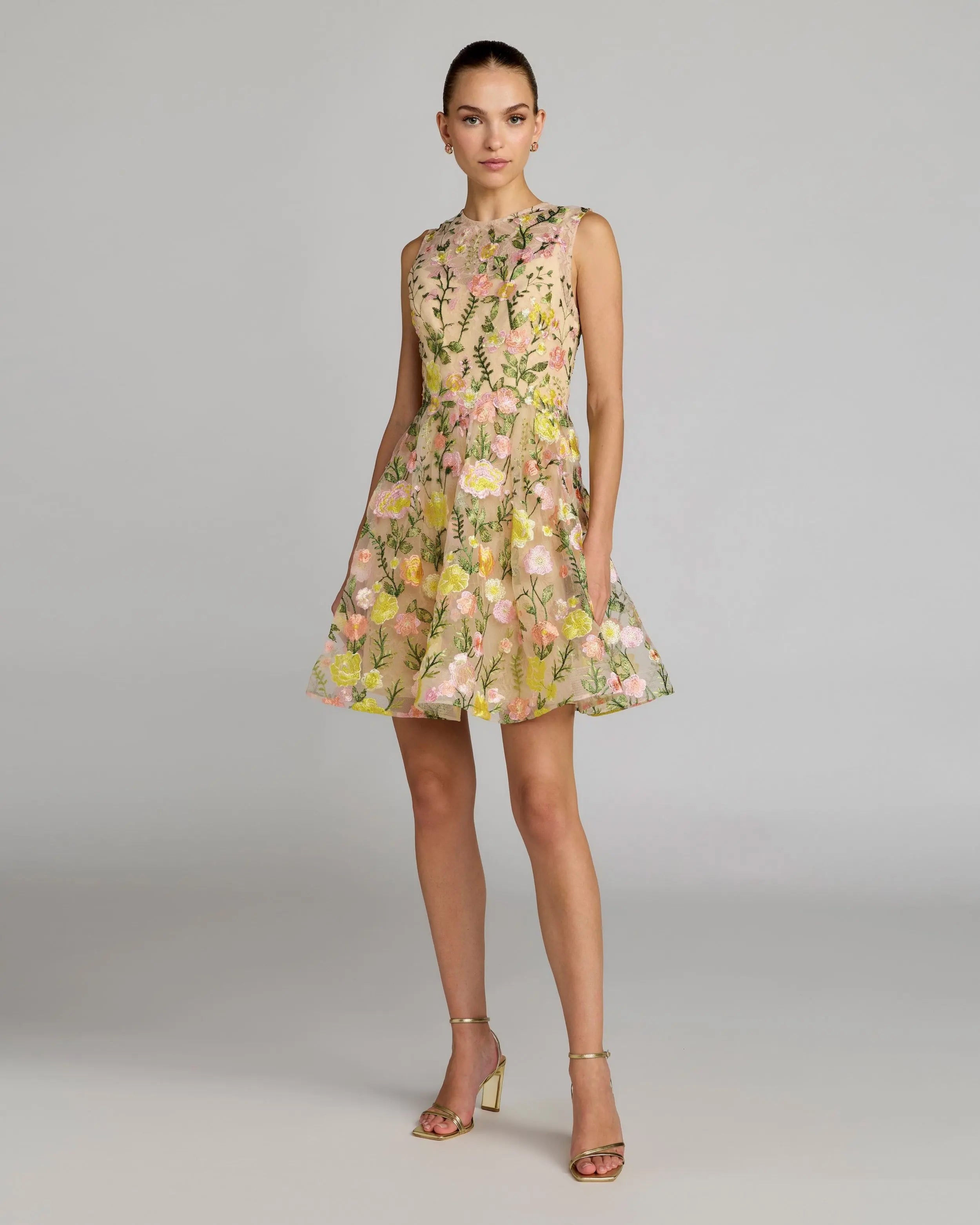 Yellow Floral Embroidered Sleeveless A-Line Mini Dress-Myartka