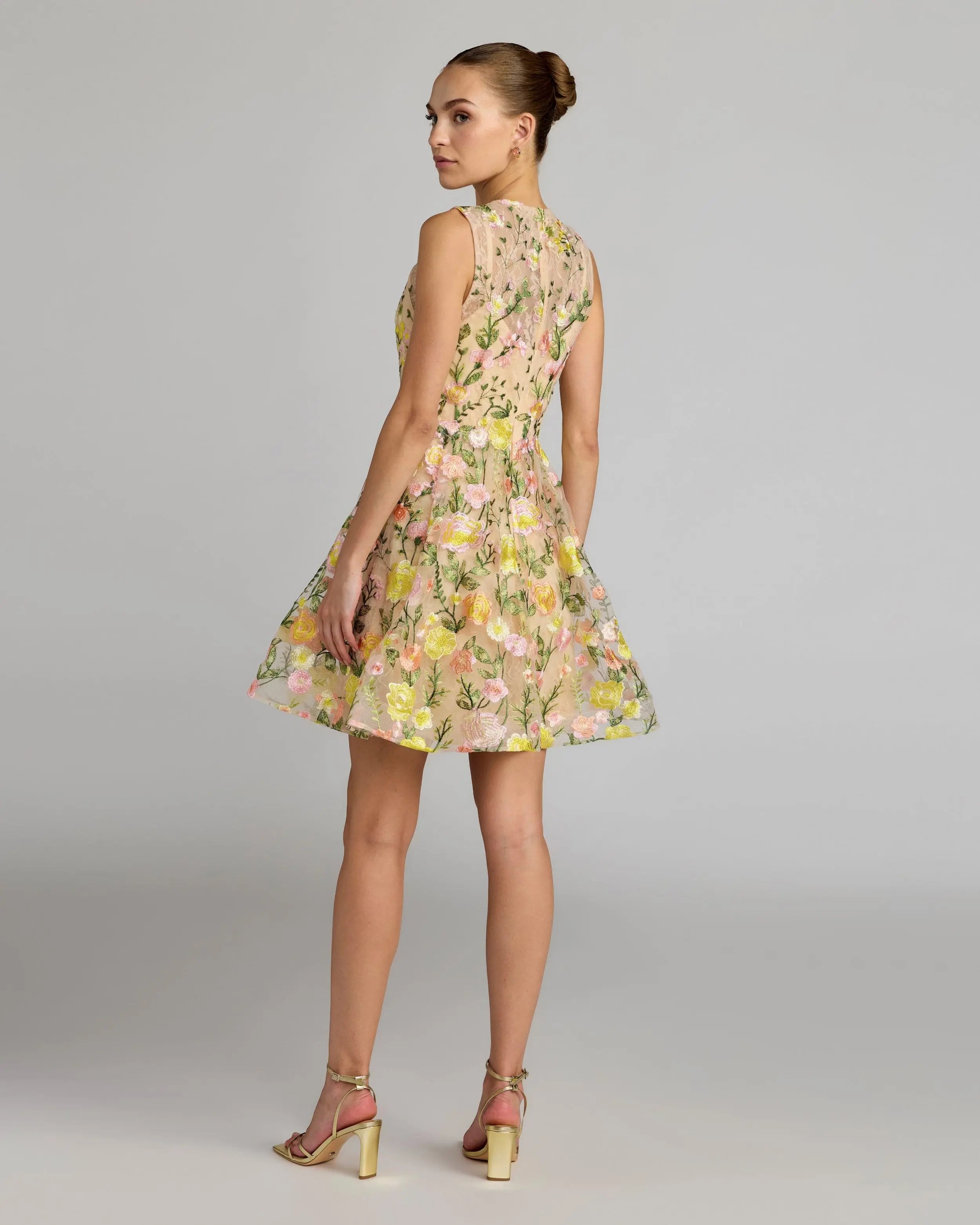 Yellow Floral Embroidered Sleeveless A-Line Mini Dress-Myartka