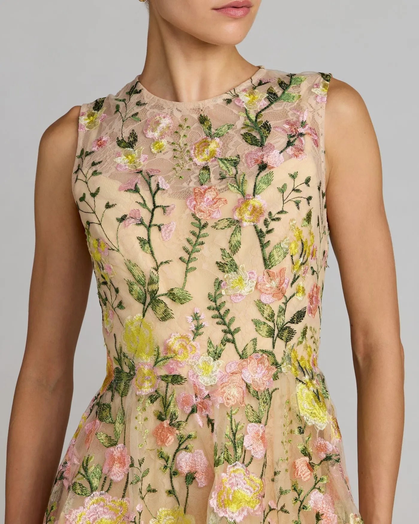Yellow Floral Embroidered Sleeveless A-Line Mini Dress-Myartka