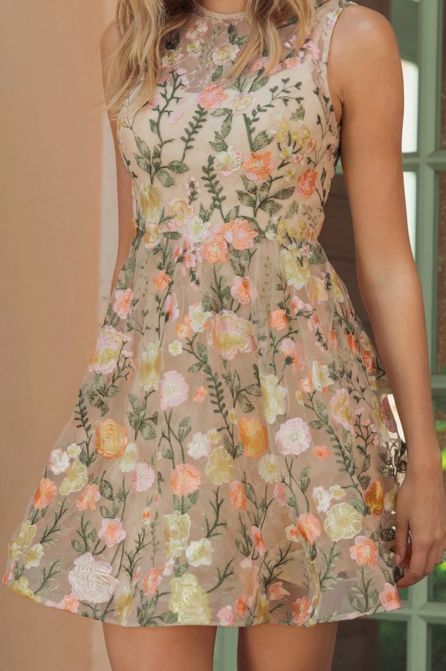 Yellow Floral Embroidered Sleeveless A-Line Mini Dress-Myartka