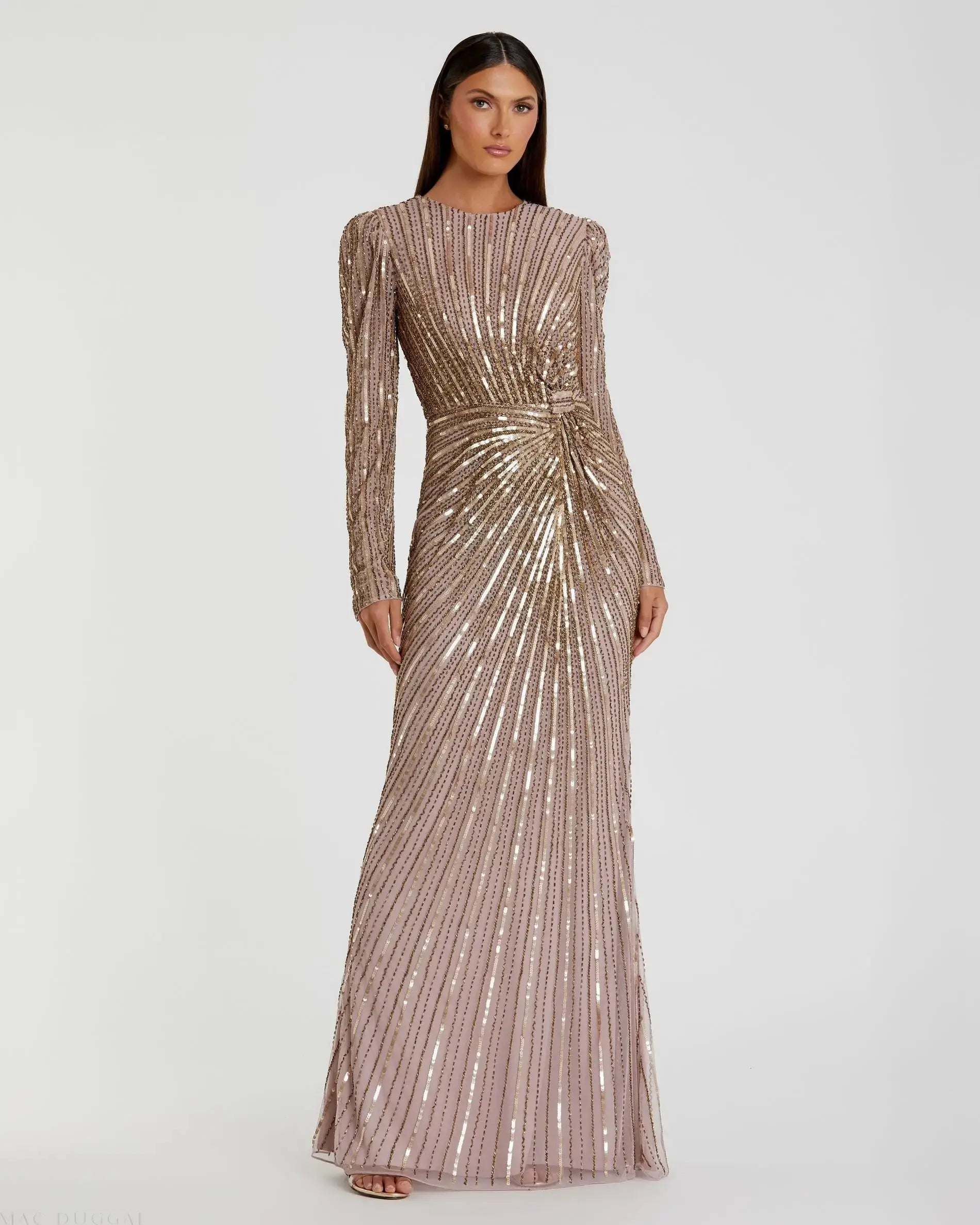 Brown Embellished Puff Sleeve Side Knot Gown-Myartka