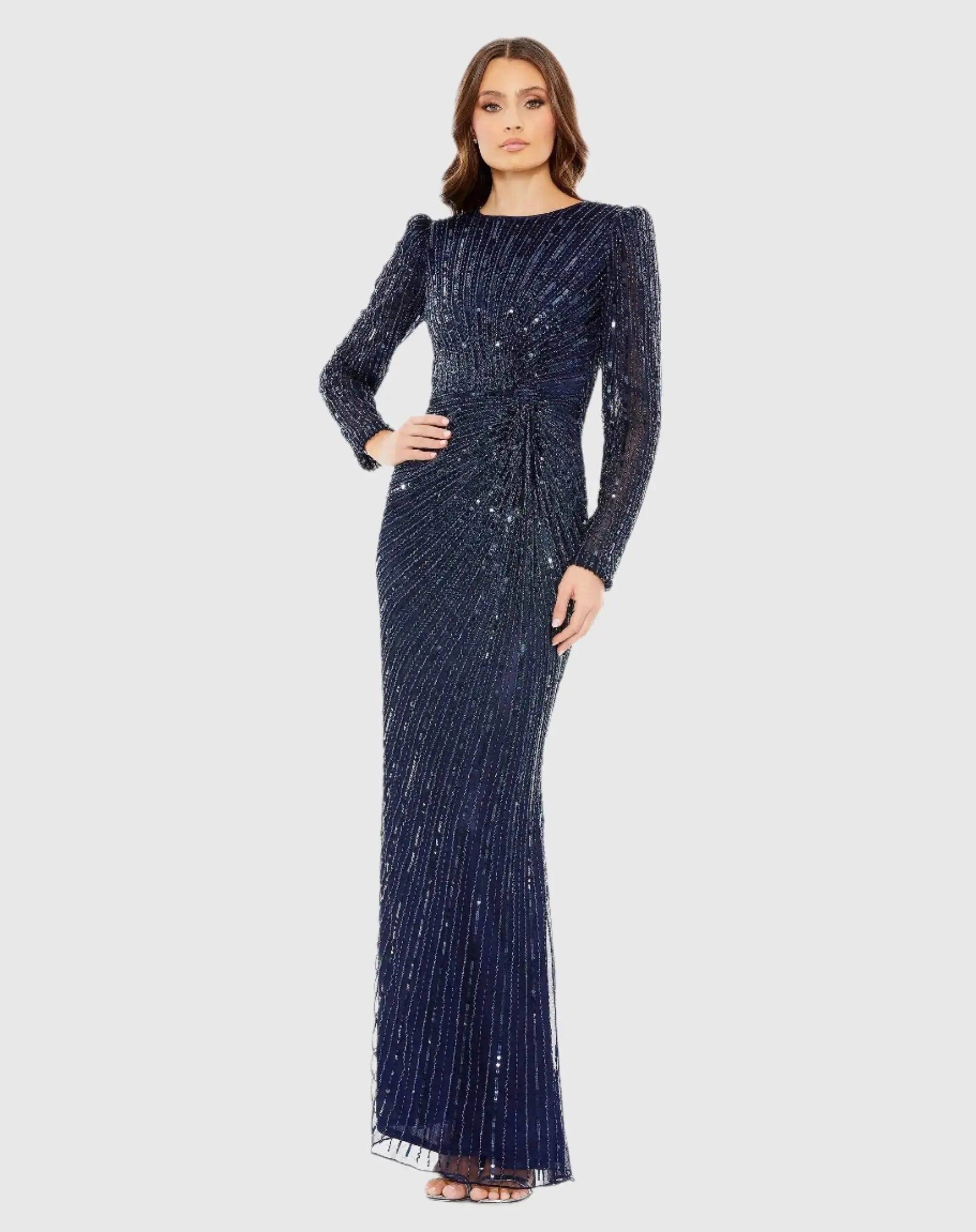 Navy Embellished Puff Sleeve Side Knot Gown-Myartka