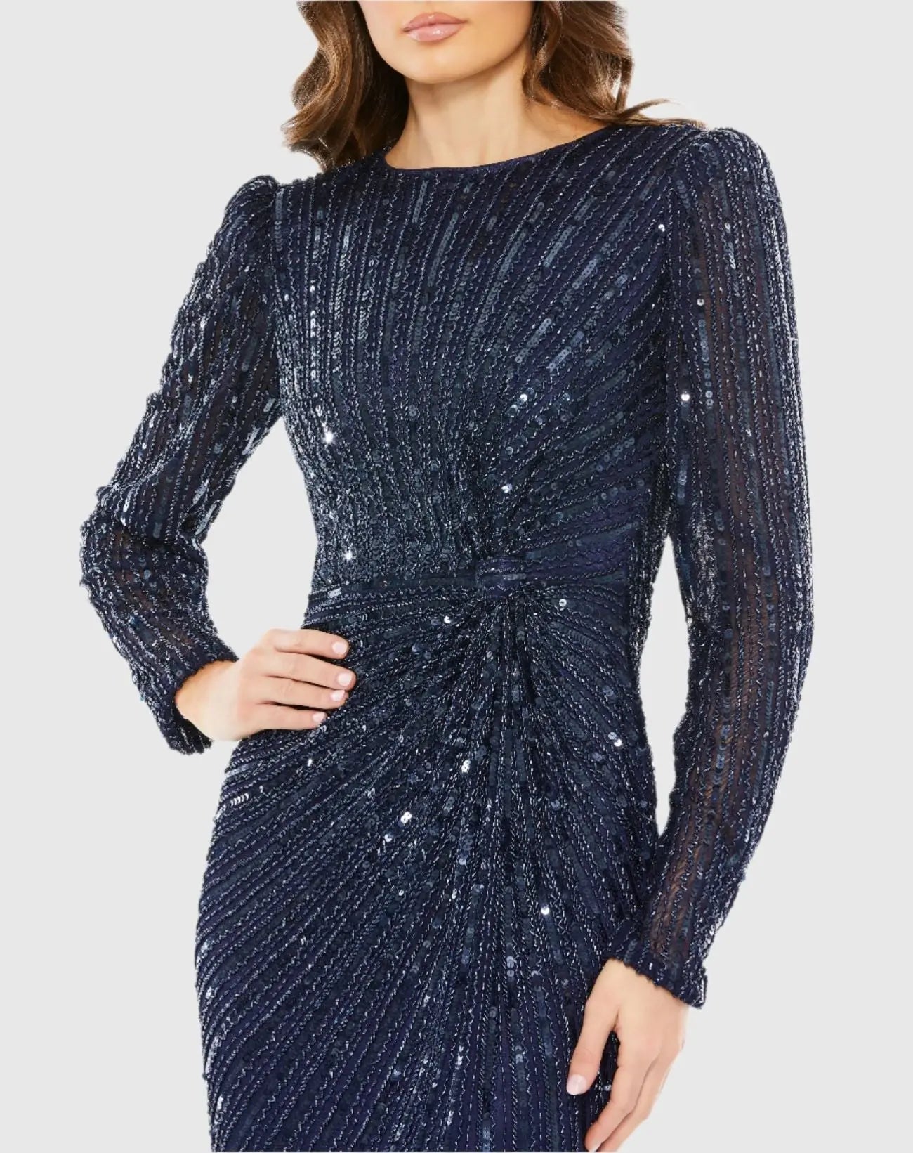 Navy Embellished Puff Sleeve Side Knot Gown-Myartka