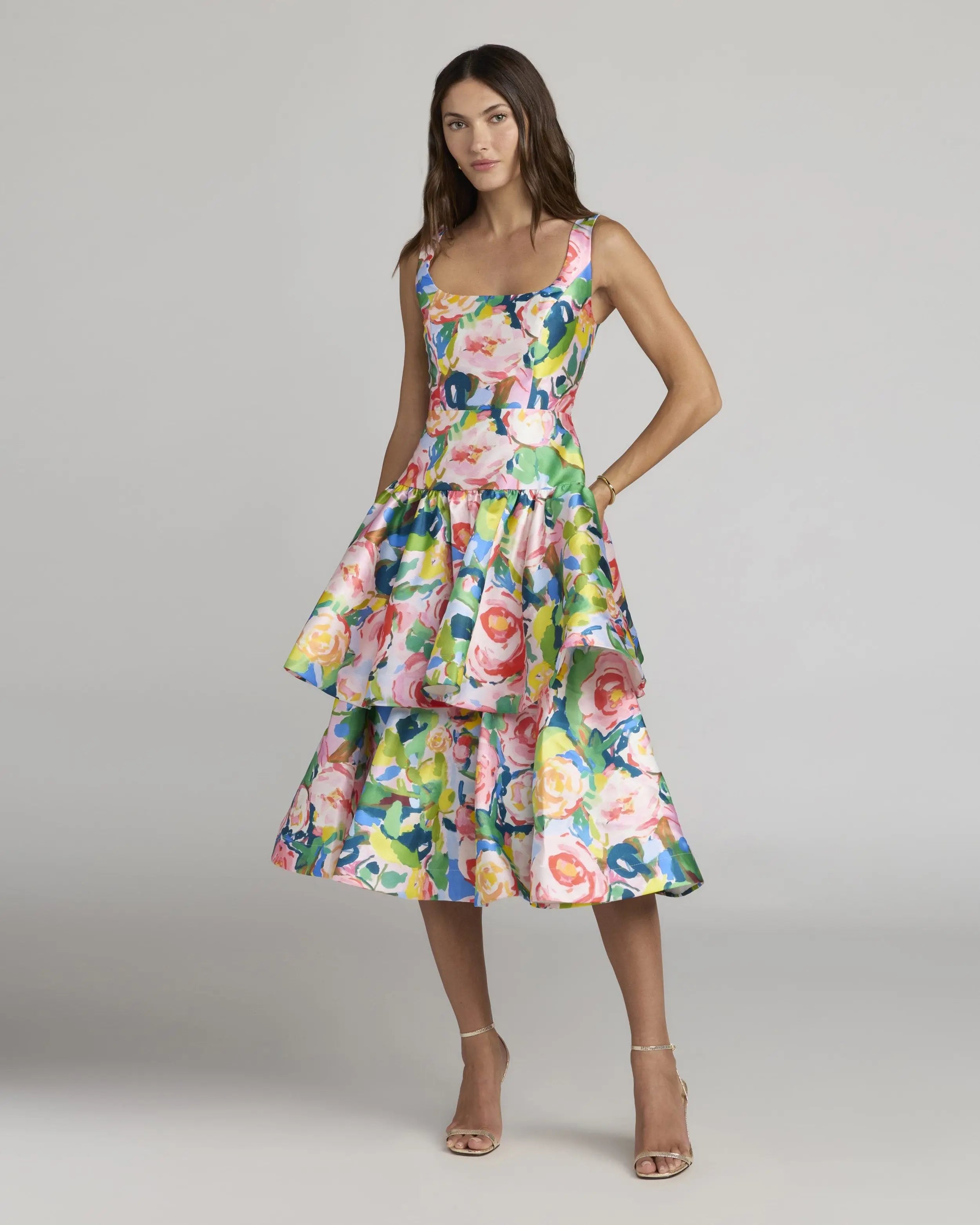 Multicolor Floral Tiered Square Neck Midi Dress-Myartka