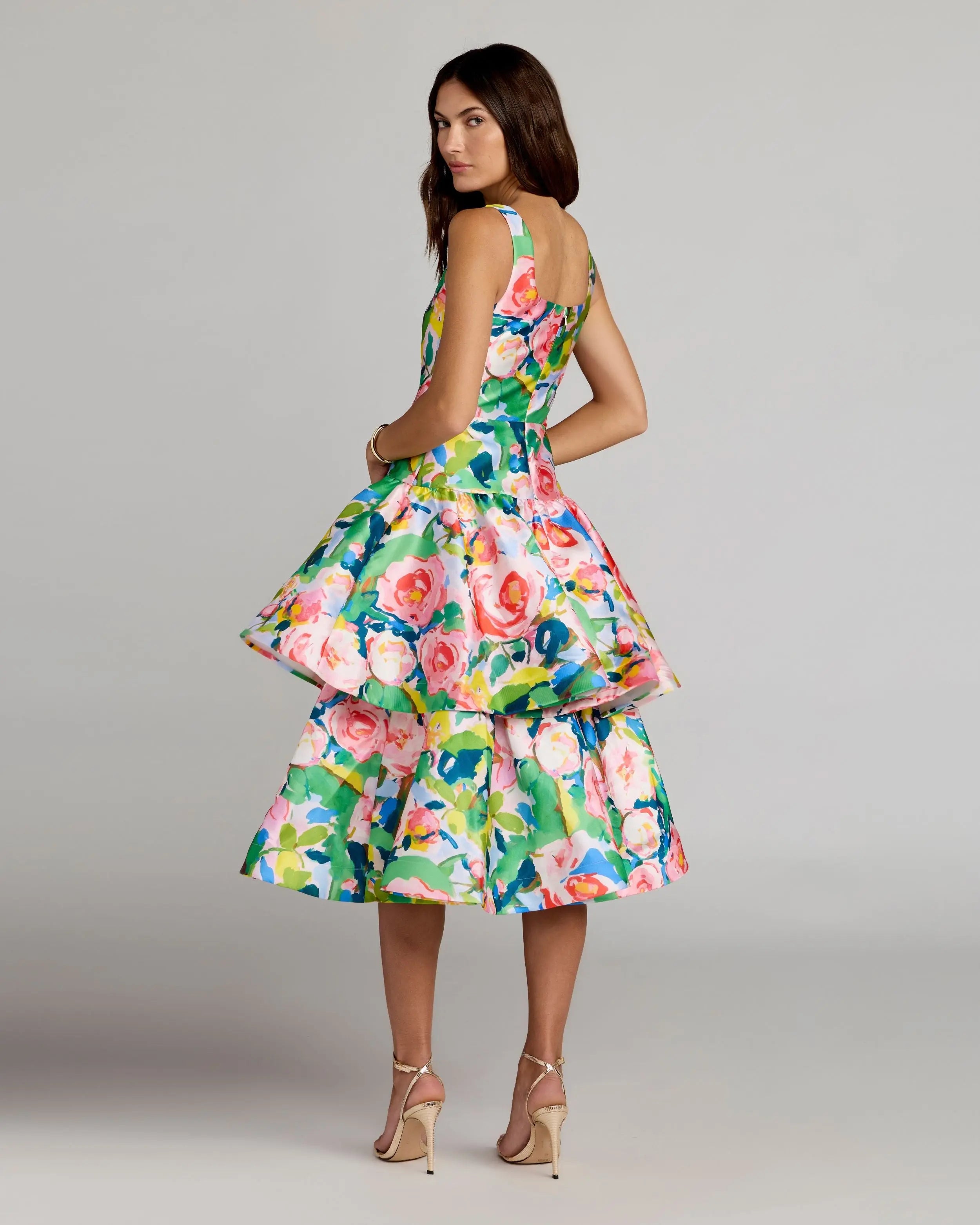 Multicolor Floral Tiered Square Neck Midi Dress-Myartka