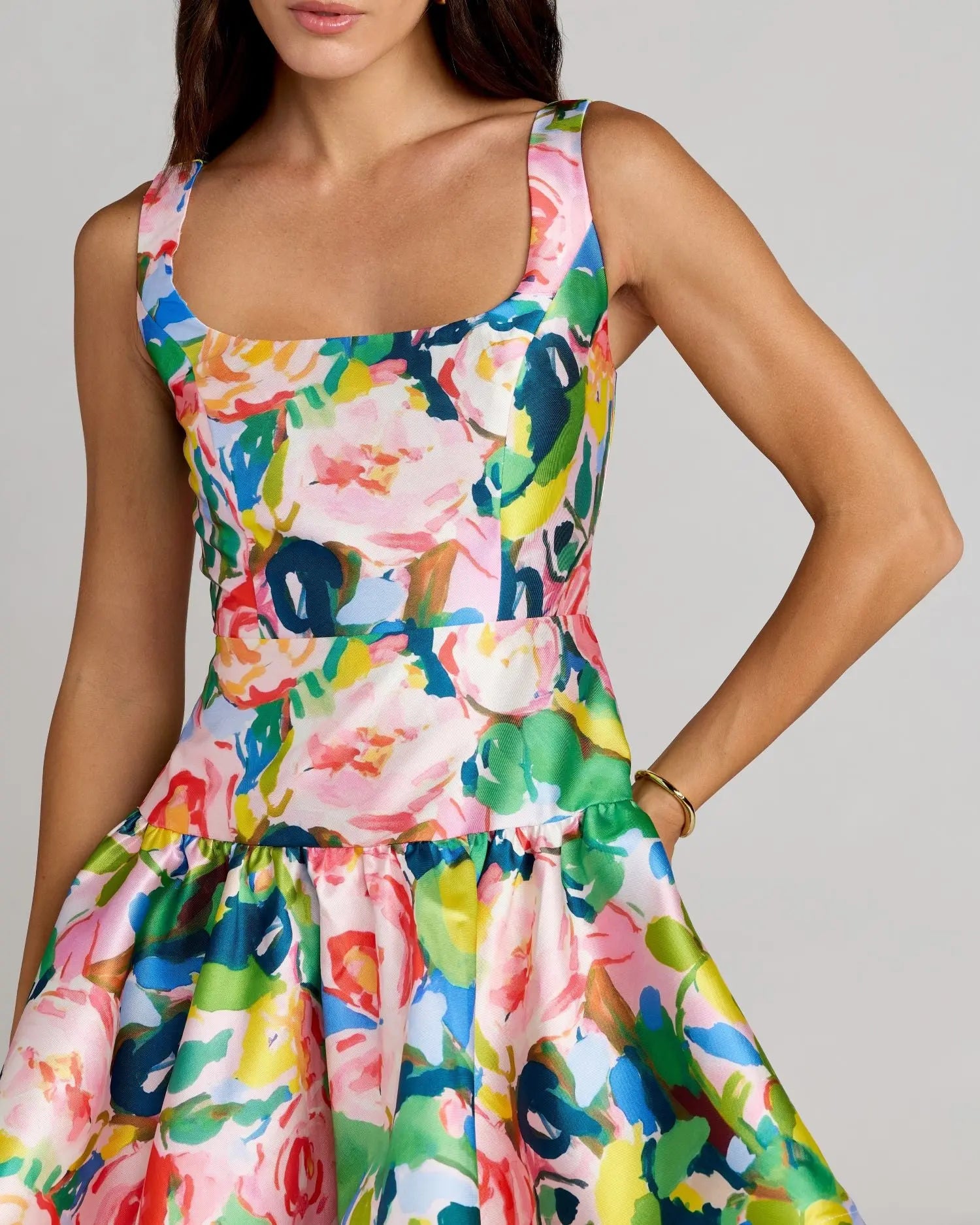 Multicolor Floral Tiered Square Neck Midi Dress-Myartka