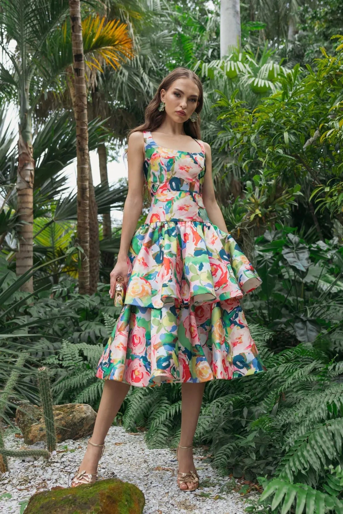 Multicolor Floral Tiered Square Neck Midi Dress-Myartka