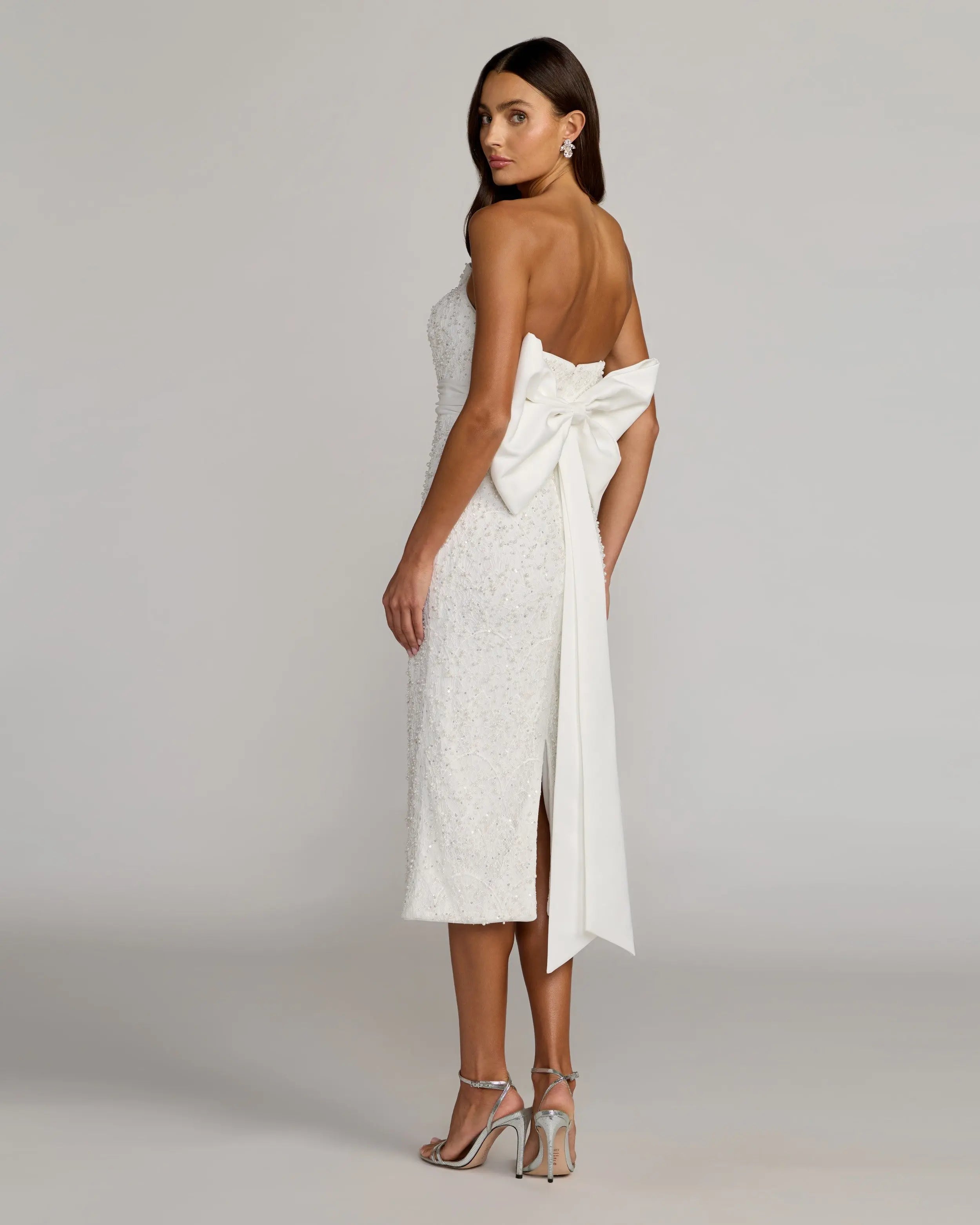 Ivory Strapless Beaded Bow Back Midi Dress-Myartka
