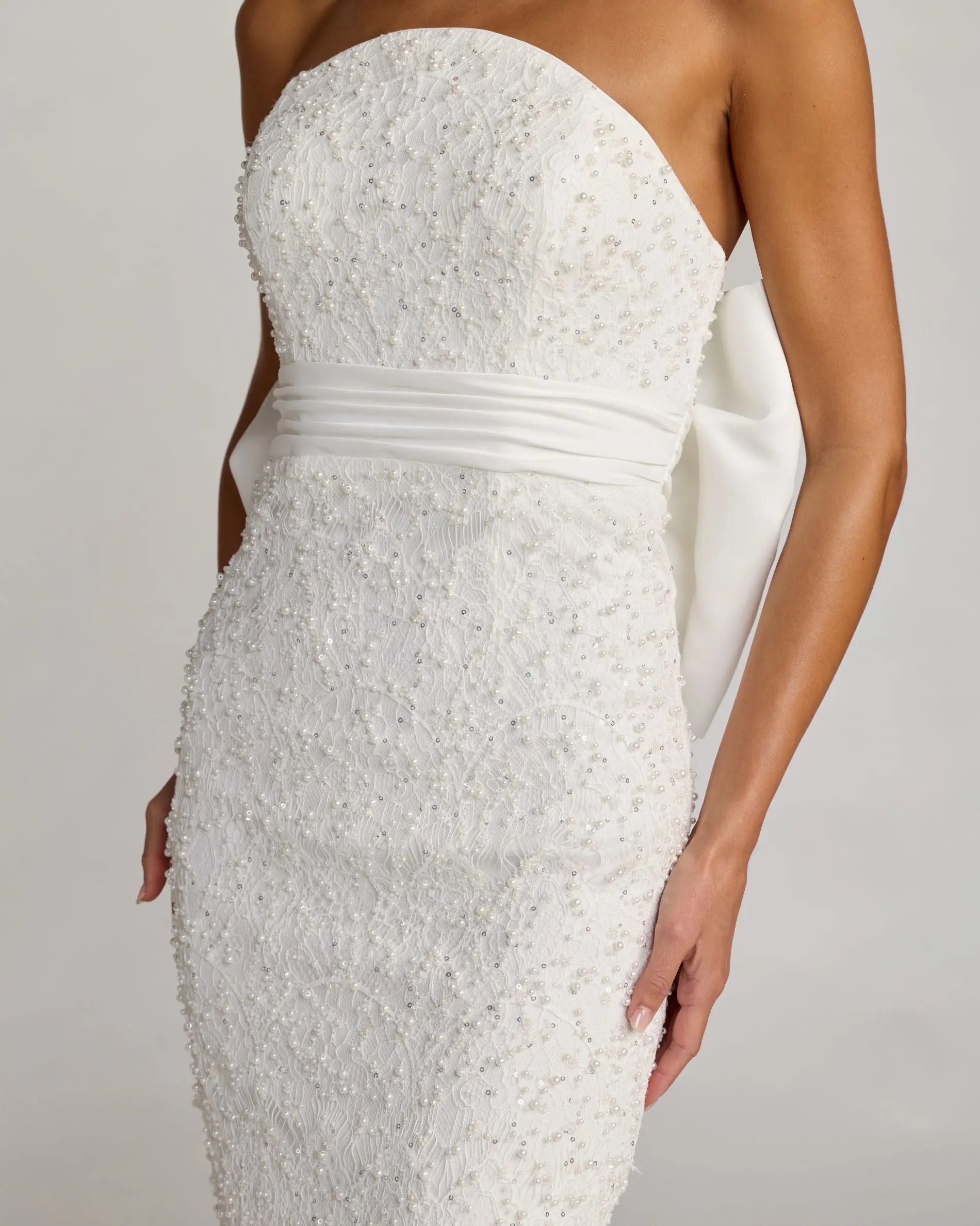 Ivory Strapless Beaded Bow Back Midi Dress-Myartka