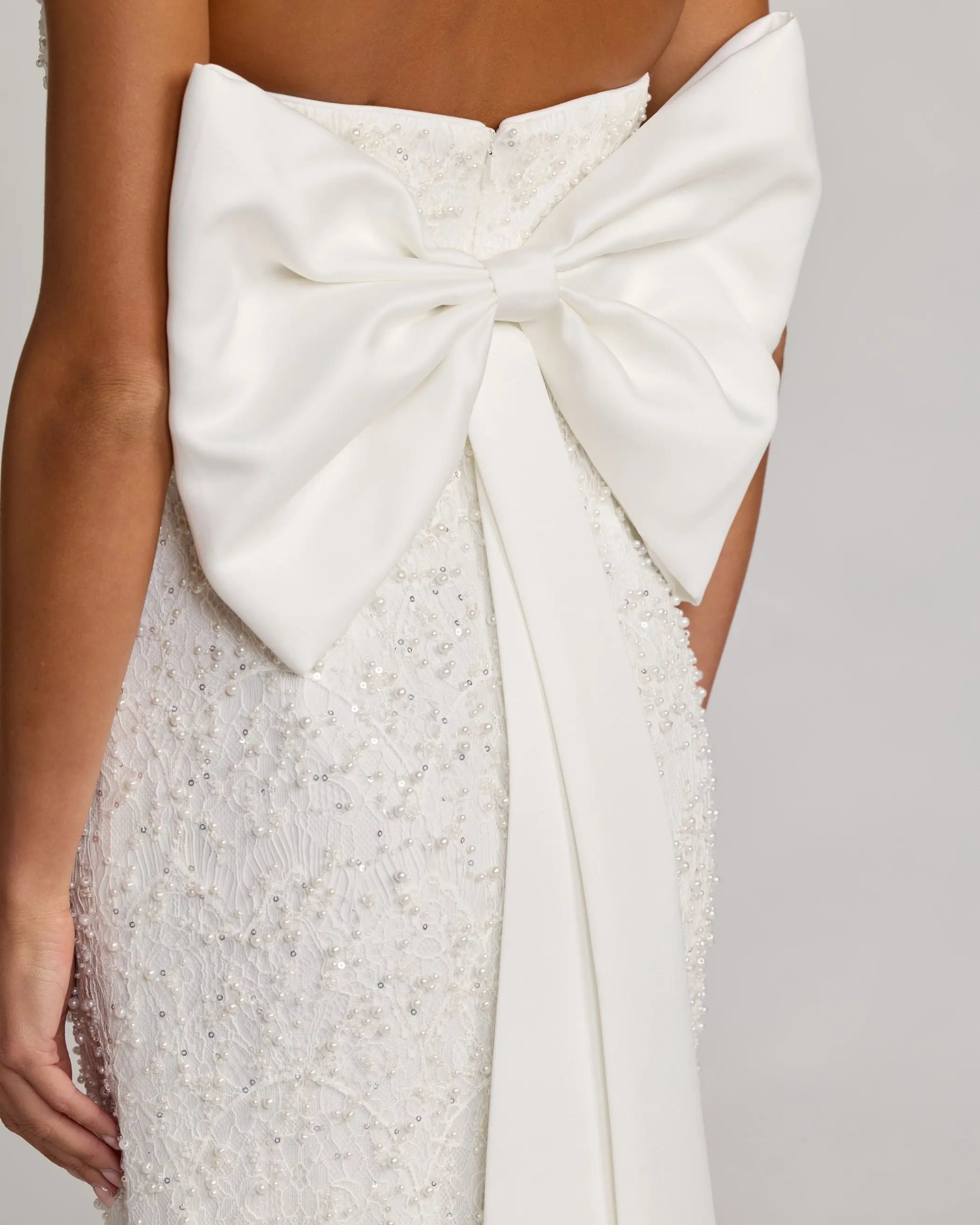 Ivory Strapless Beaded Bow Back Midi Dress-Myartka
