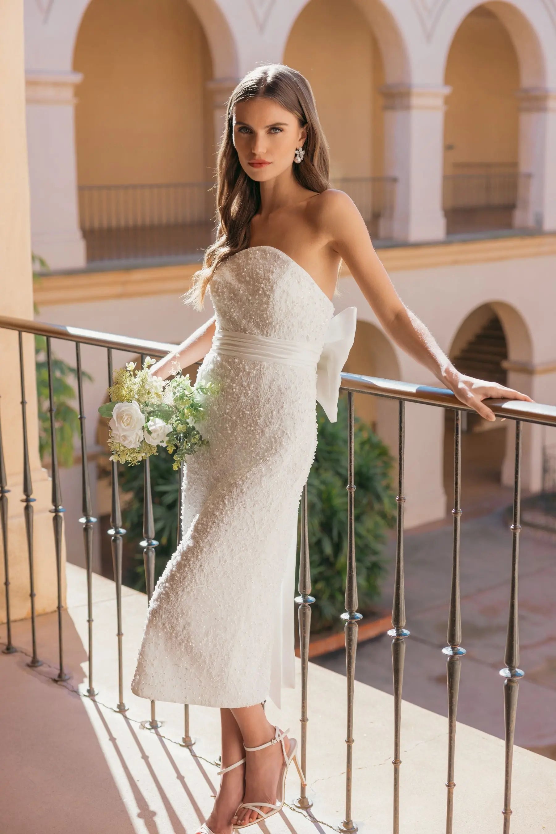 Ivory Strapless Beaded Bow Back Midi Dress-Myartka