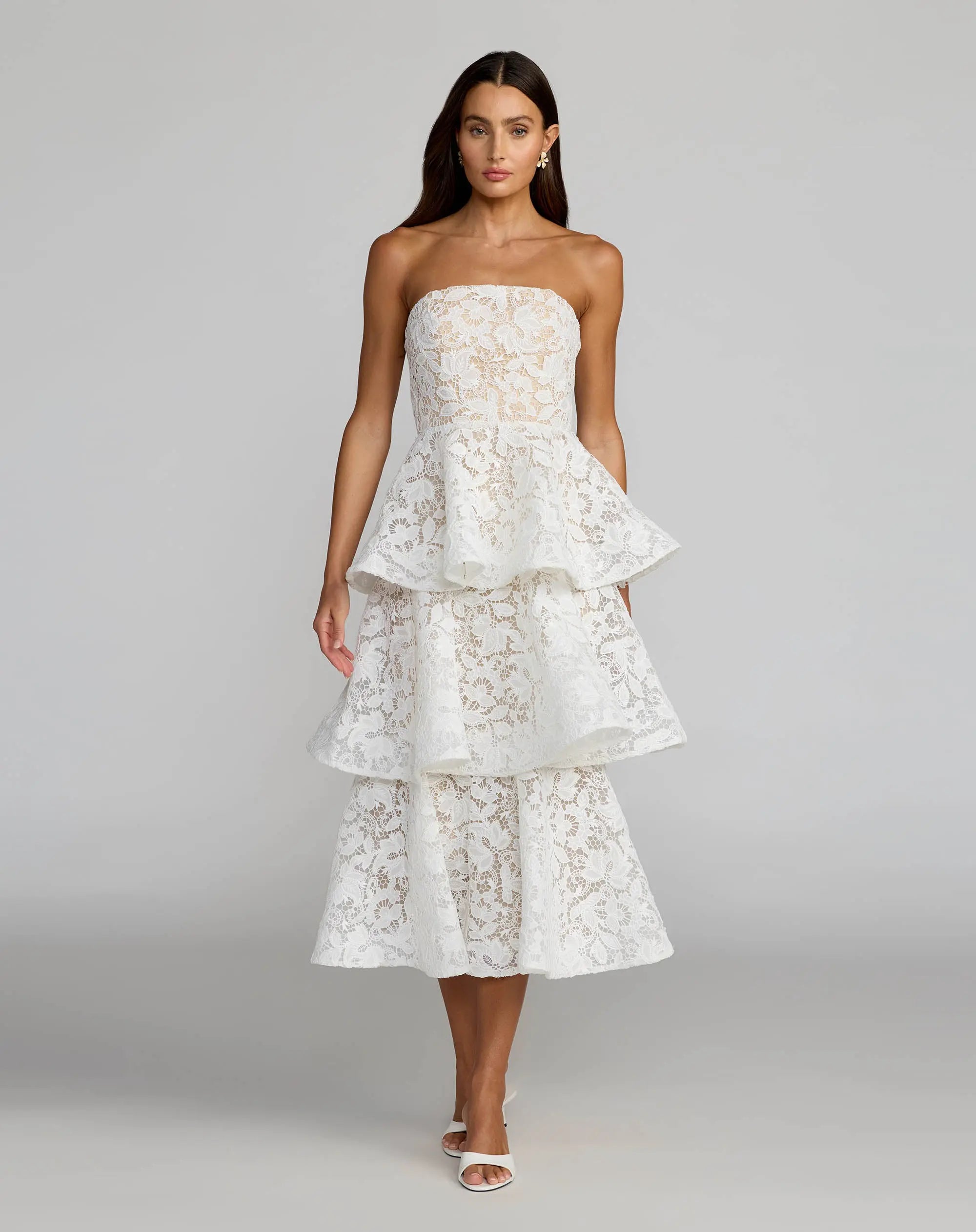White and Beige Strapless Lace Tiered Ruffle Midi Dress-Myartka