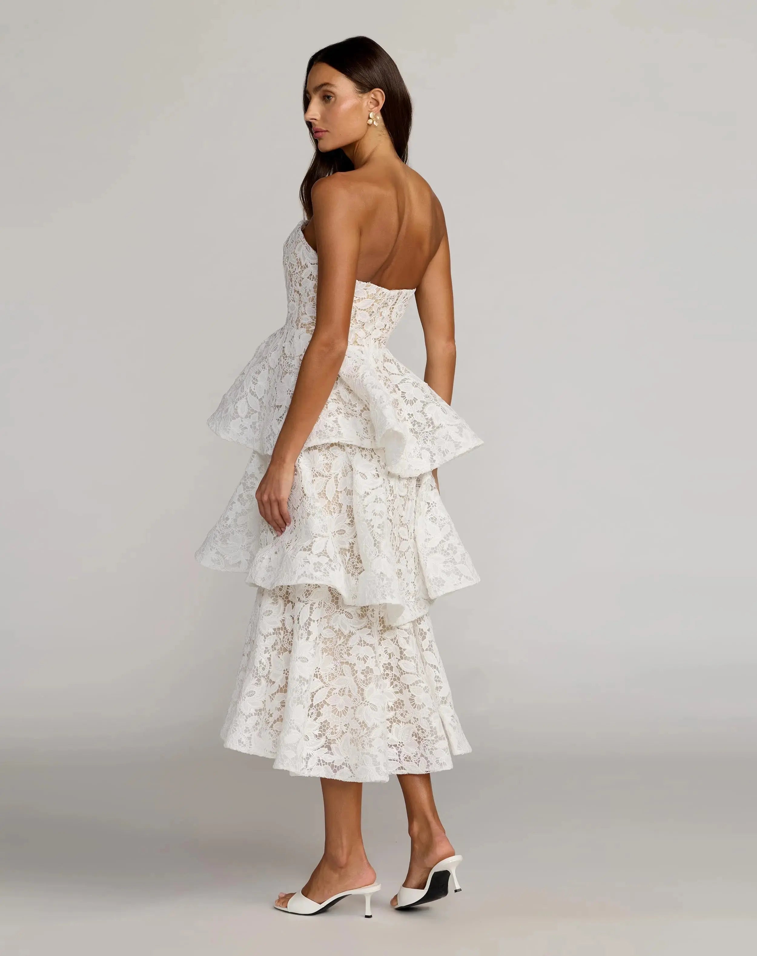 White and Beige Strapless Lace Tiered Ruffle Midi Dress-Myartka